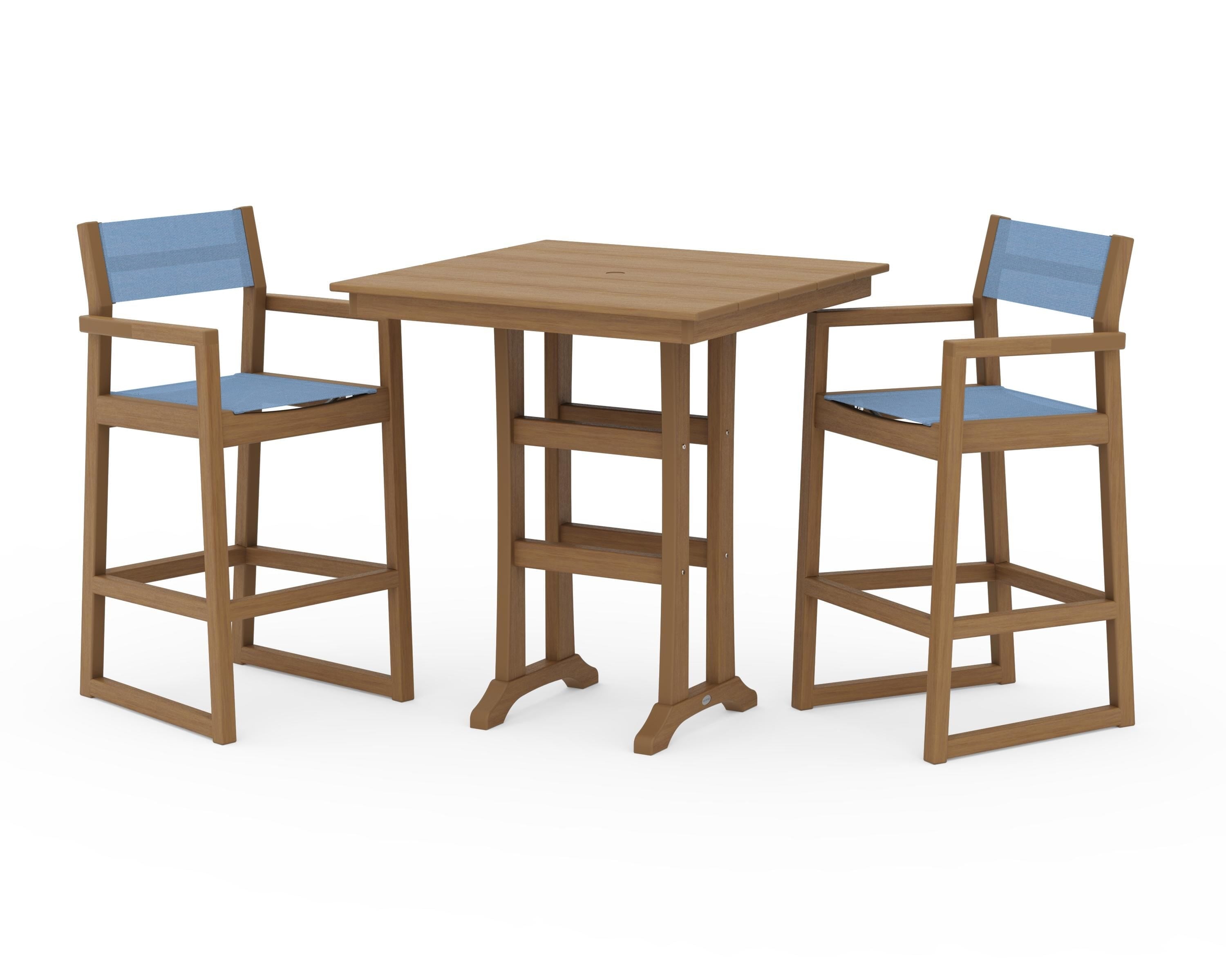 POLYWOOD EDGE Sling Arm Chair 3-Piece Farmhouse Bar Set with Trestle Legs in Natural / Poolside Sling
