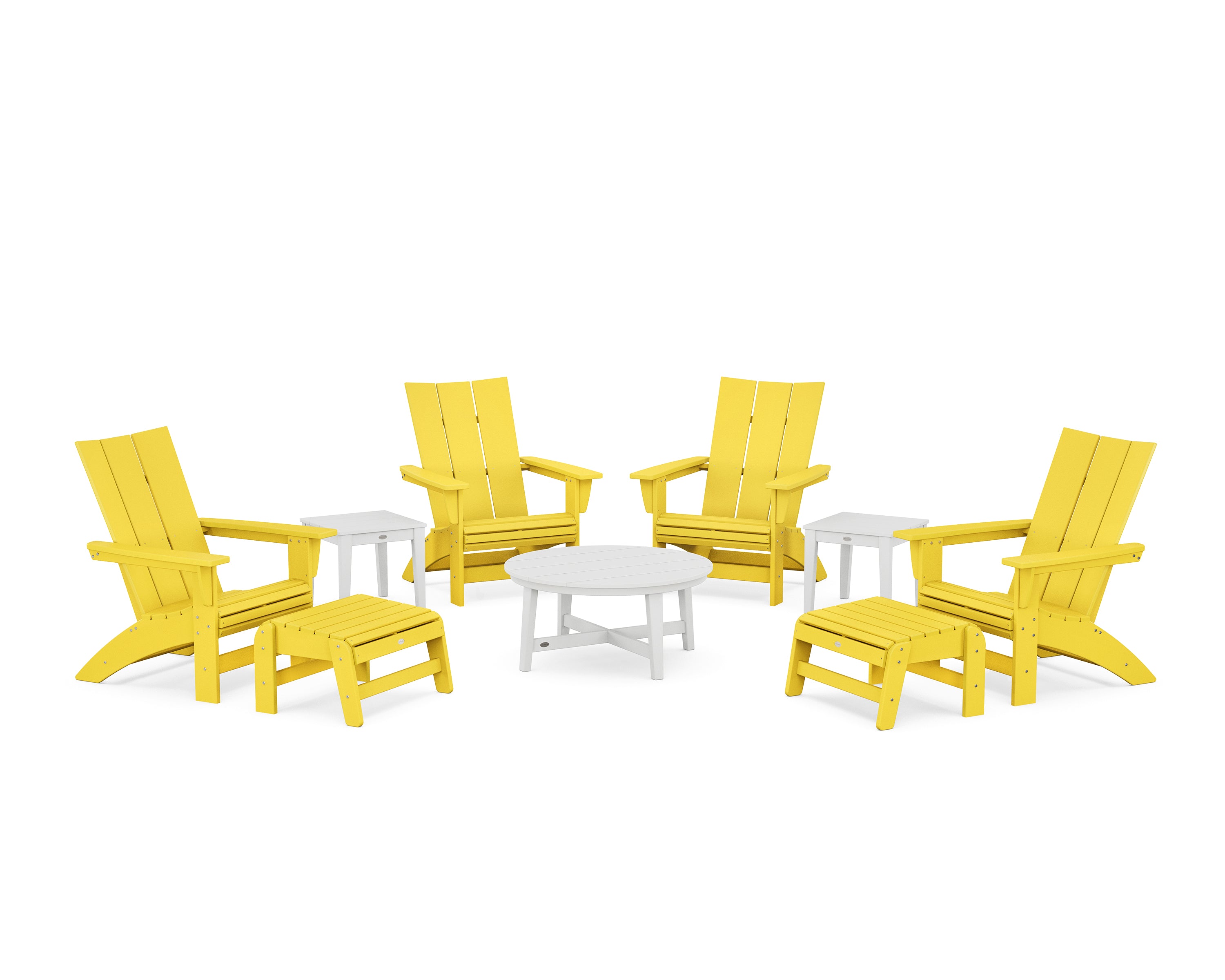 POLYWOOD Modern Grand Adirondack 9-Piece Conversation Set in Lemon / White