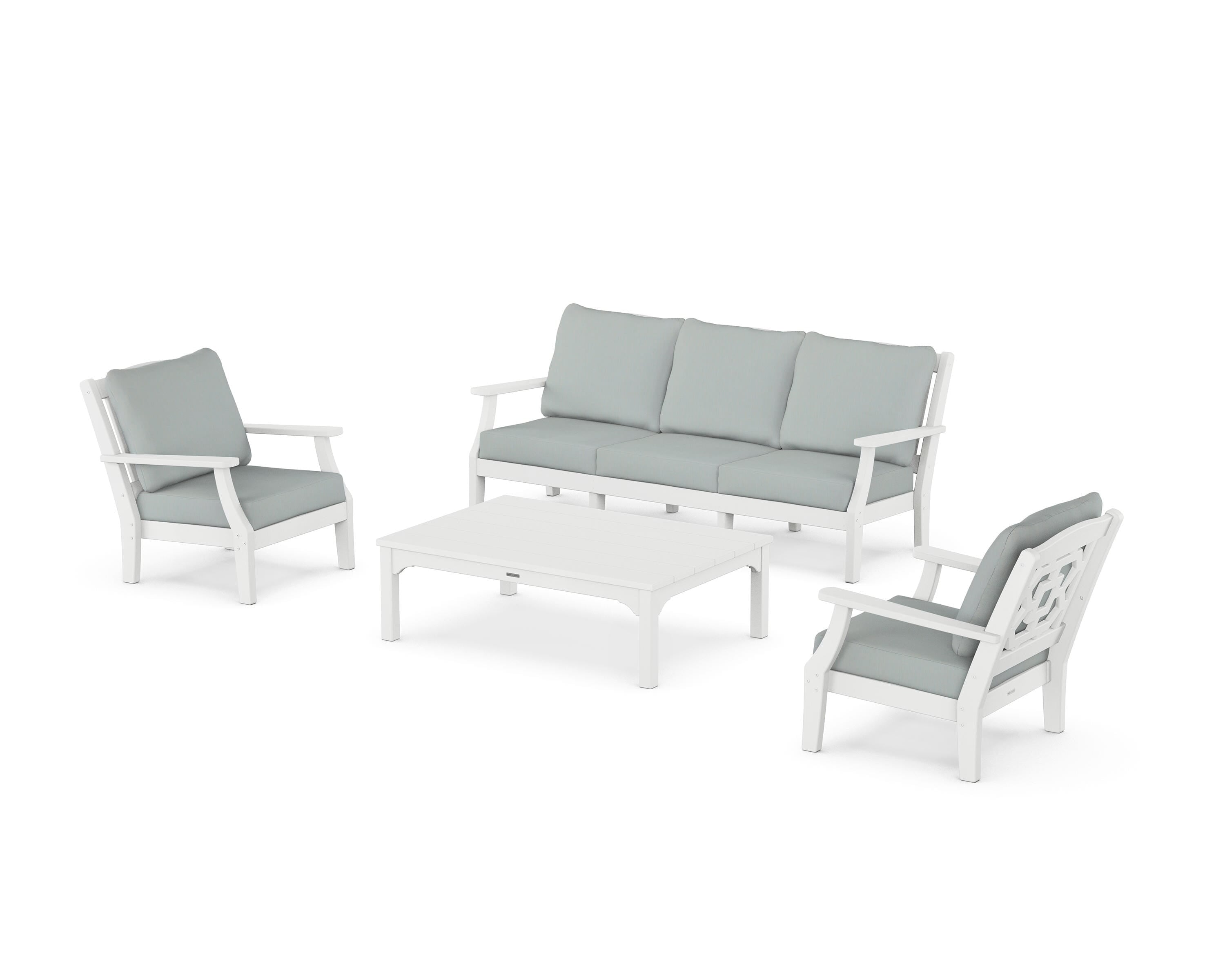 Martha Stewart by POLYWOOD Chinoiserie 4-Piece Deep Seating Set with Sofa in White / Spa