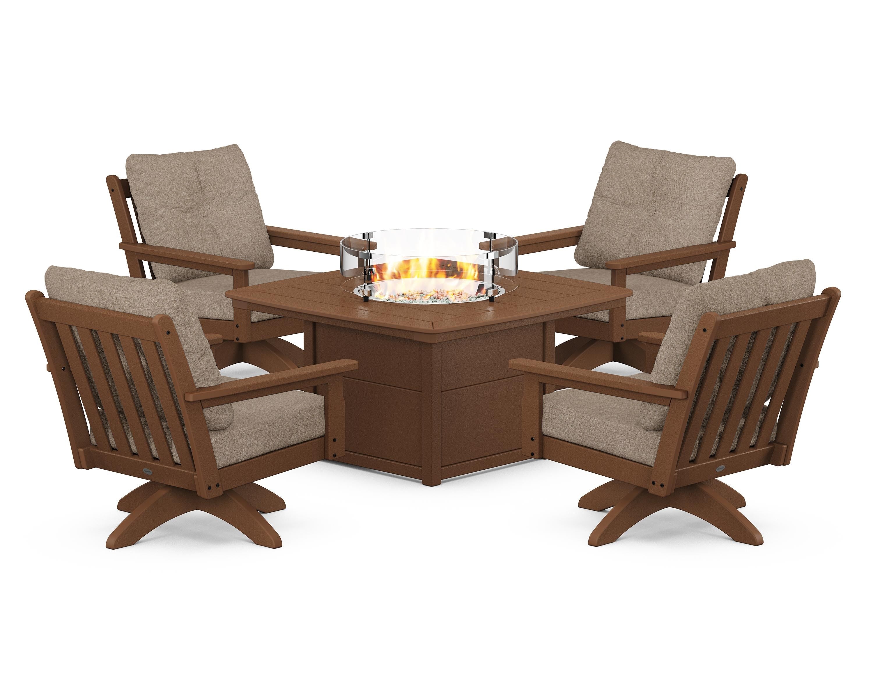 POLYWOOD Vineyard 5-Piece Deep Seating Swivel Conversation Set with Fire Pit Table in Teak / Spiced Burlap