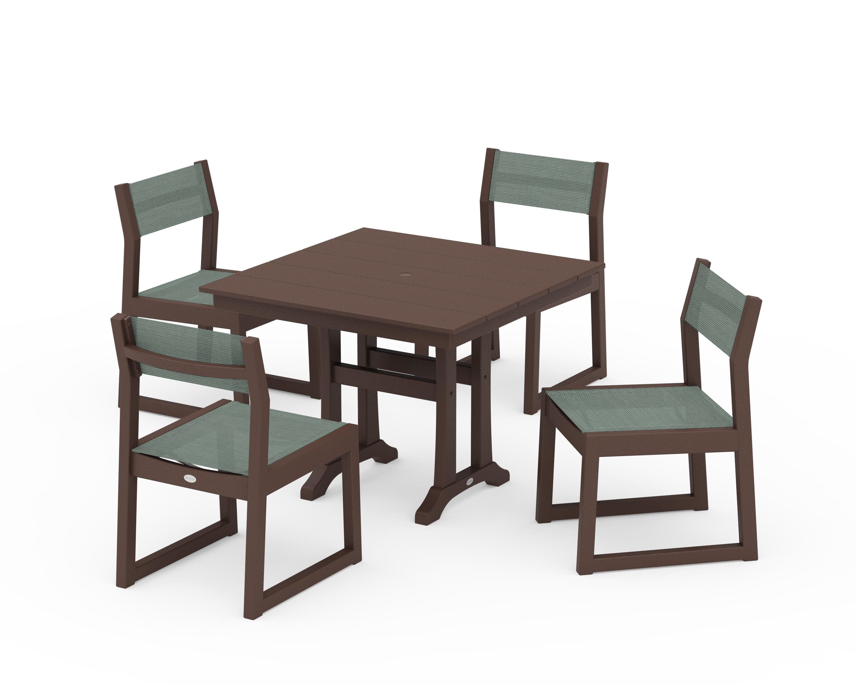 POLYWOOD EDGE Sling 5-Piece Farmhouse Trestle Side Chair Dining Set in Mahogany / Dupioni Sea Mist Sling