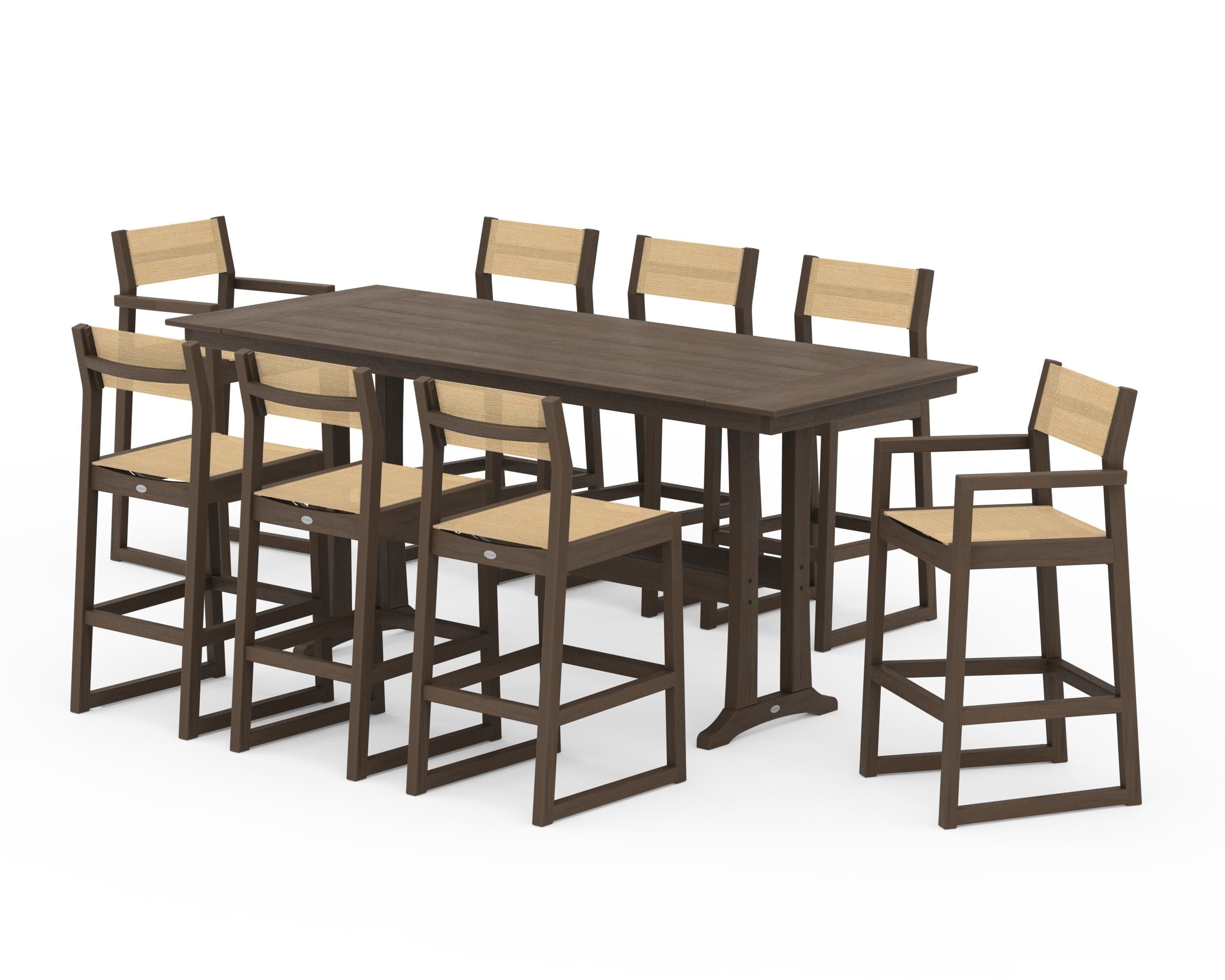 POLYWOOD EDGE Sling 9-Piece Farmhouse Bar Set with Trestle Legs in Kona / Dupioni Apricot Sling