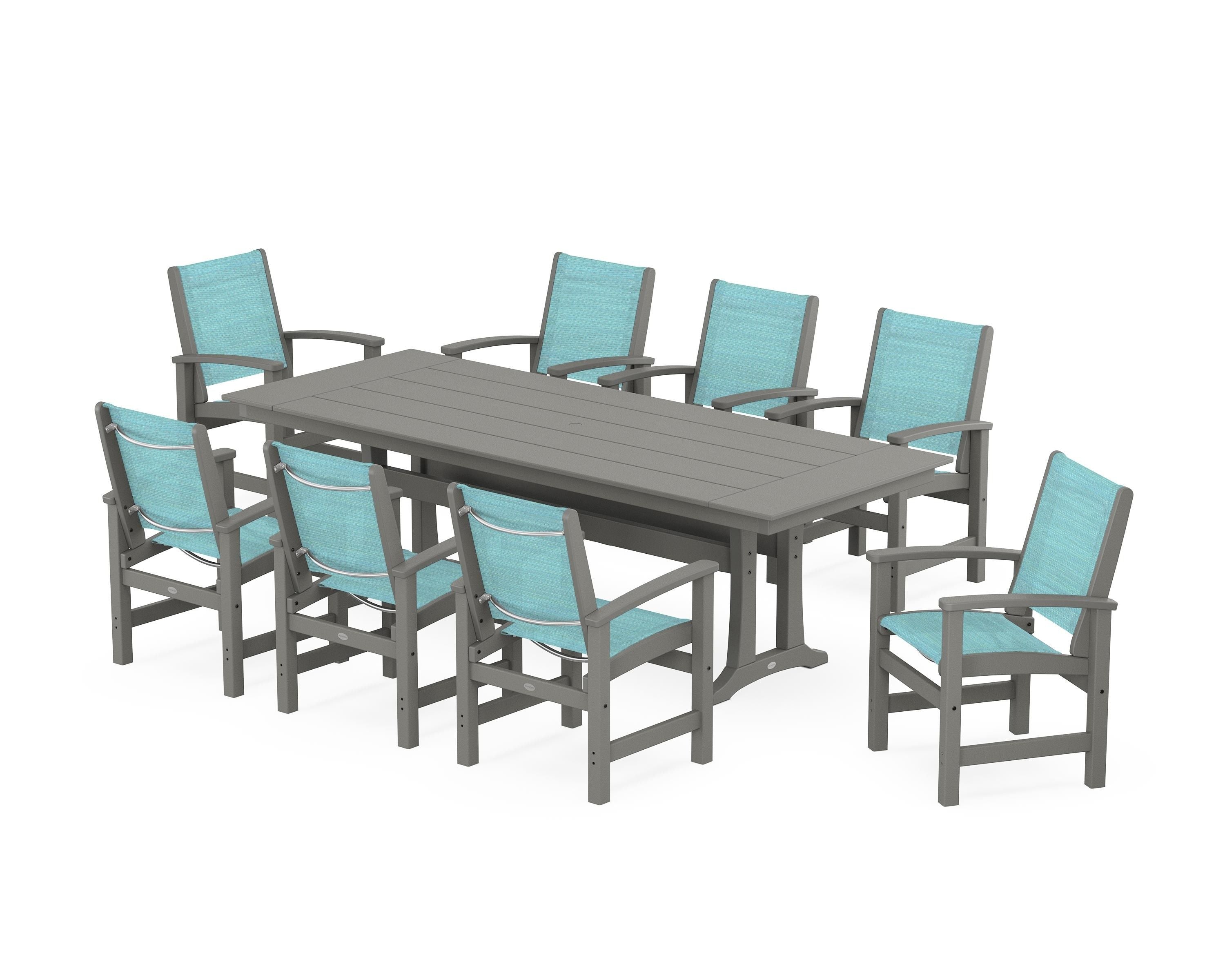 POLYWOOD Coastal 9-Piece Farmhouse Dining Set with Trestle Legs in Slate Grey / Dupioni Aquamarine Sling