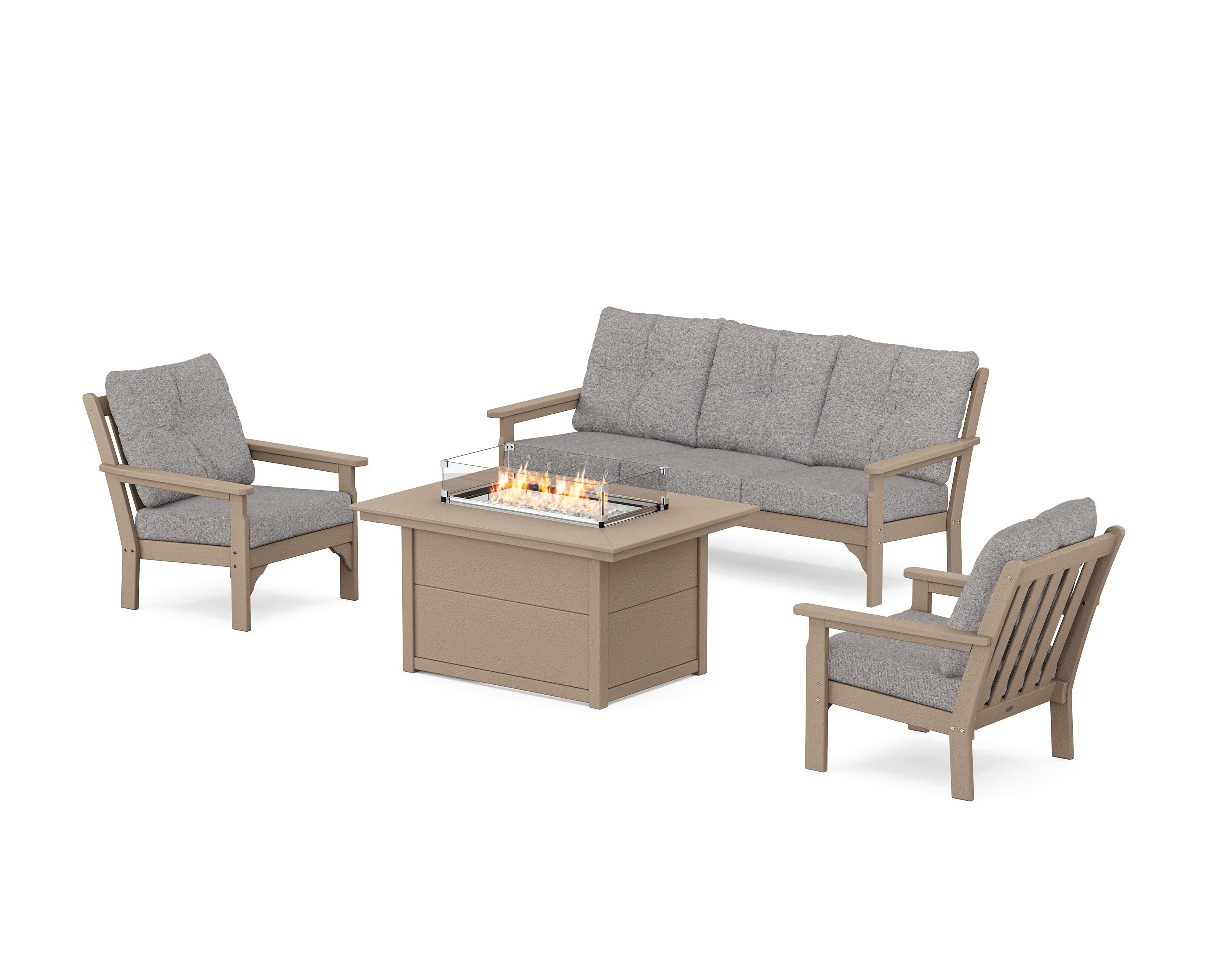 POLYWOOD Vineyard Deep Seating Fire Pit Table Set in Vintage Sahara / Grey Mist