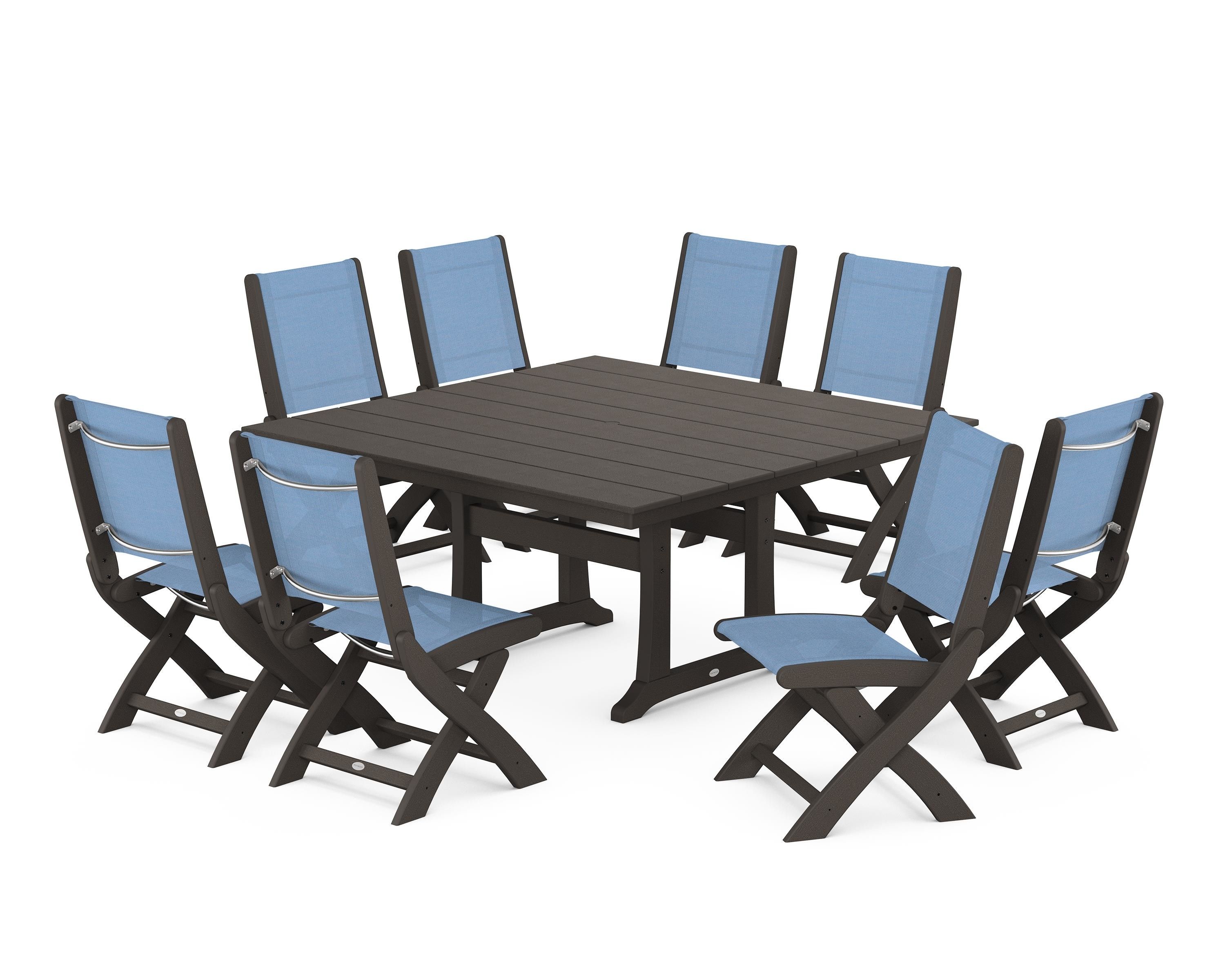 POLYWOOD Coastal Folding Side Chair 9-Piece Farmhouse Dining Set in Vintage Coffee / Poolside Sling