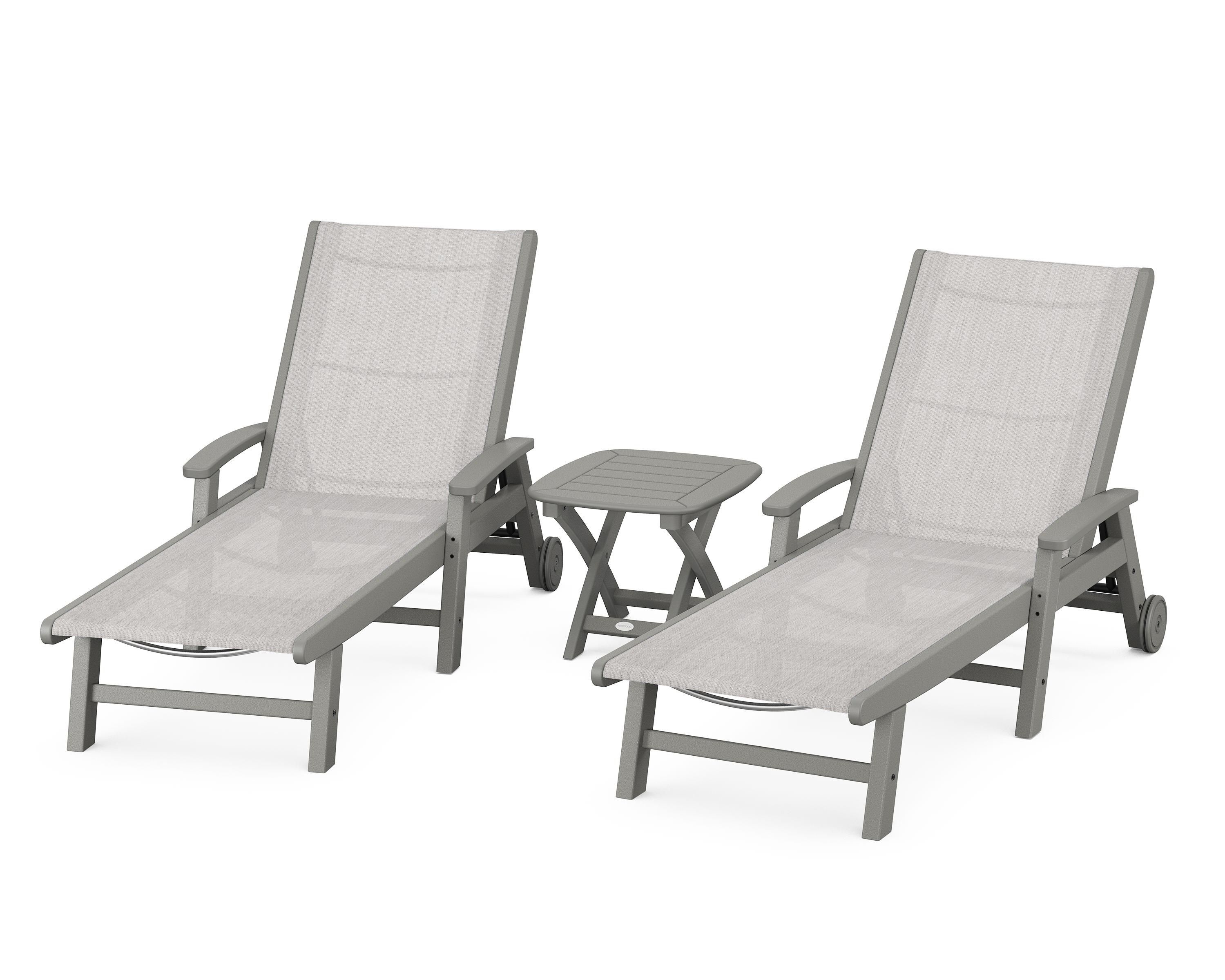 POLYWOOD Coastal 3-Piece Wheeled Chaise Set in Slate Grey / Parchment Sling