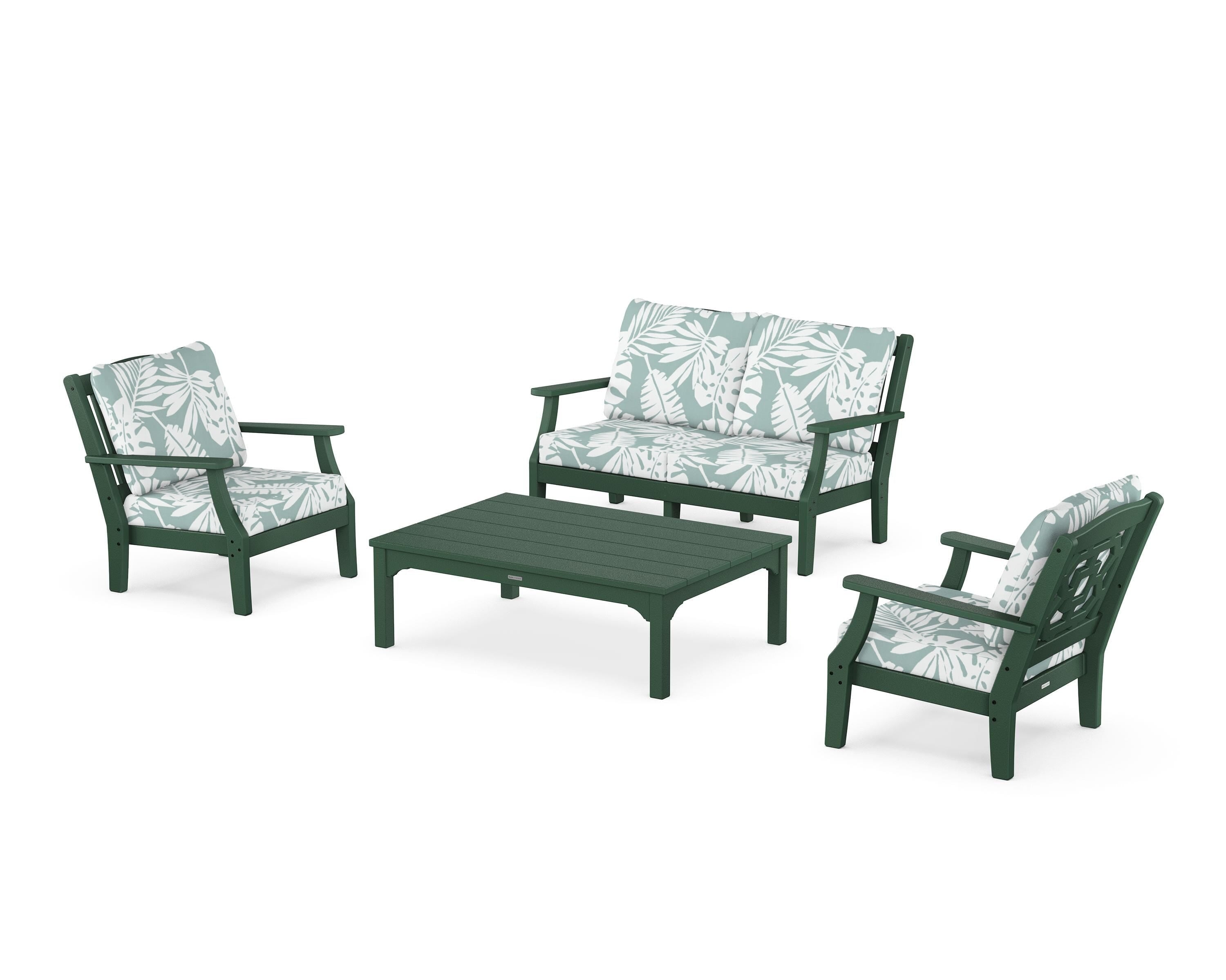 Martha Stewart by POLYWOOD Chinoiserie 4-Piece Deep Seating Set with Loveseat in Green / Leaf Glacier Spa