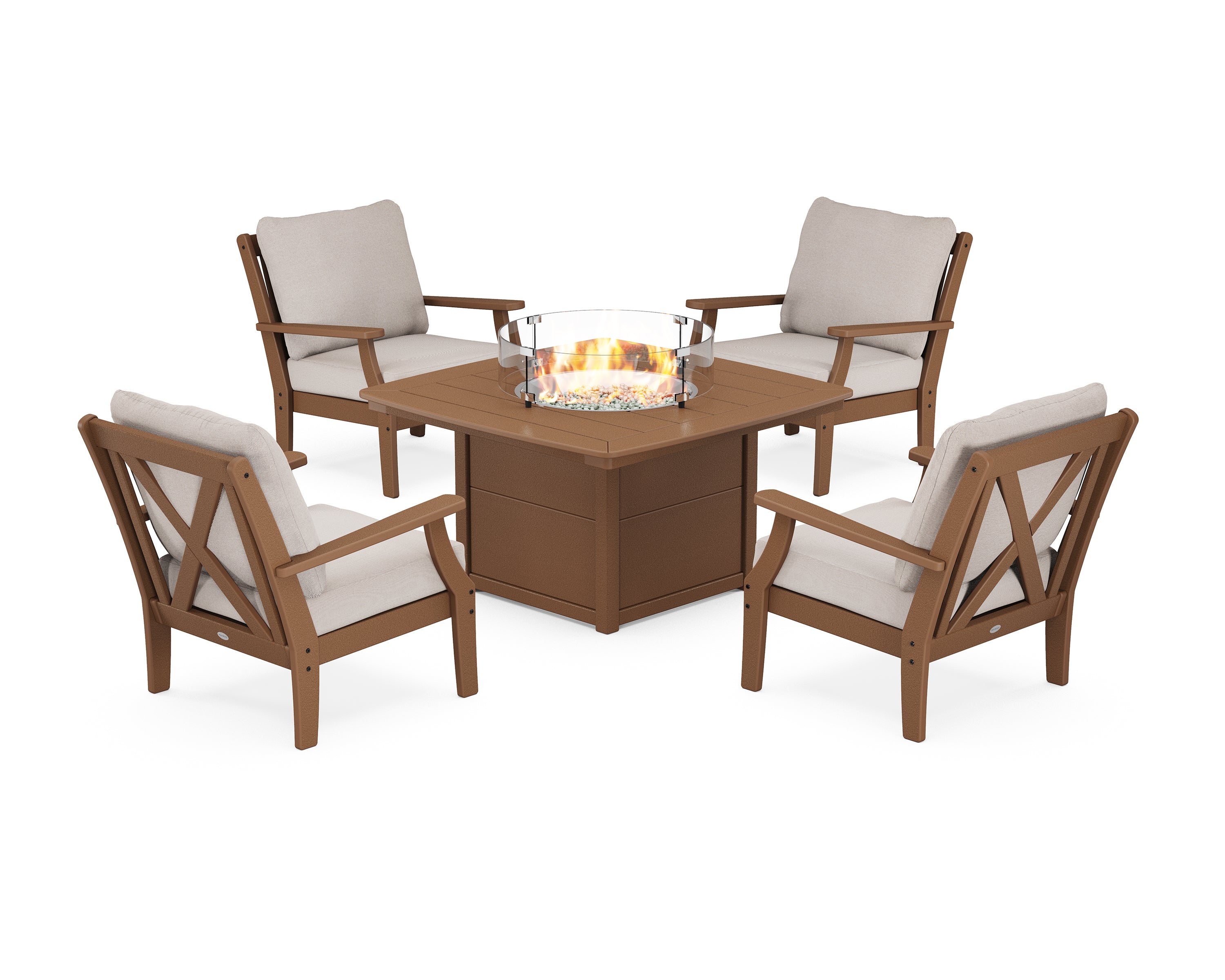POLYWOOD Braxton 5-Piece Deep Seating Conversation Set with Fire Pit Table in Teak / Dune Burlap
