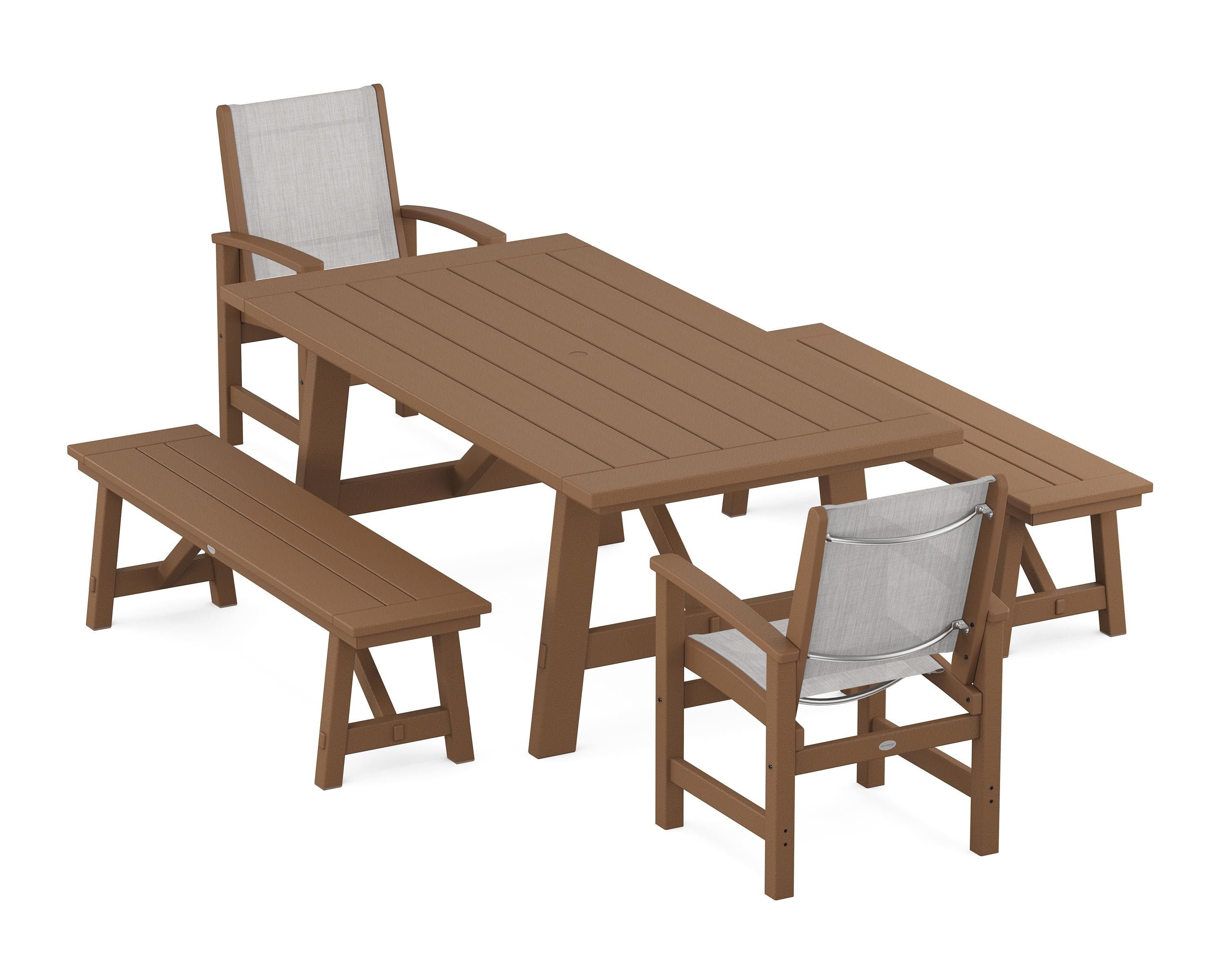 POLYWOOD Coastal 5-Piece Rustic Farmhouse Dining Set With Benches in Teak / Parchment Sling