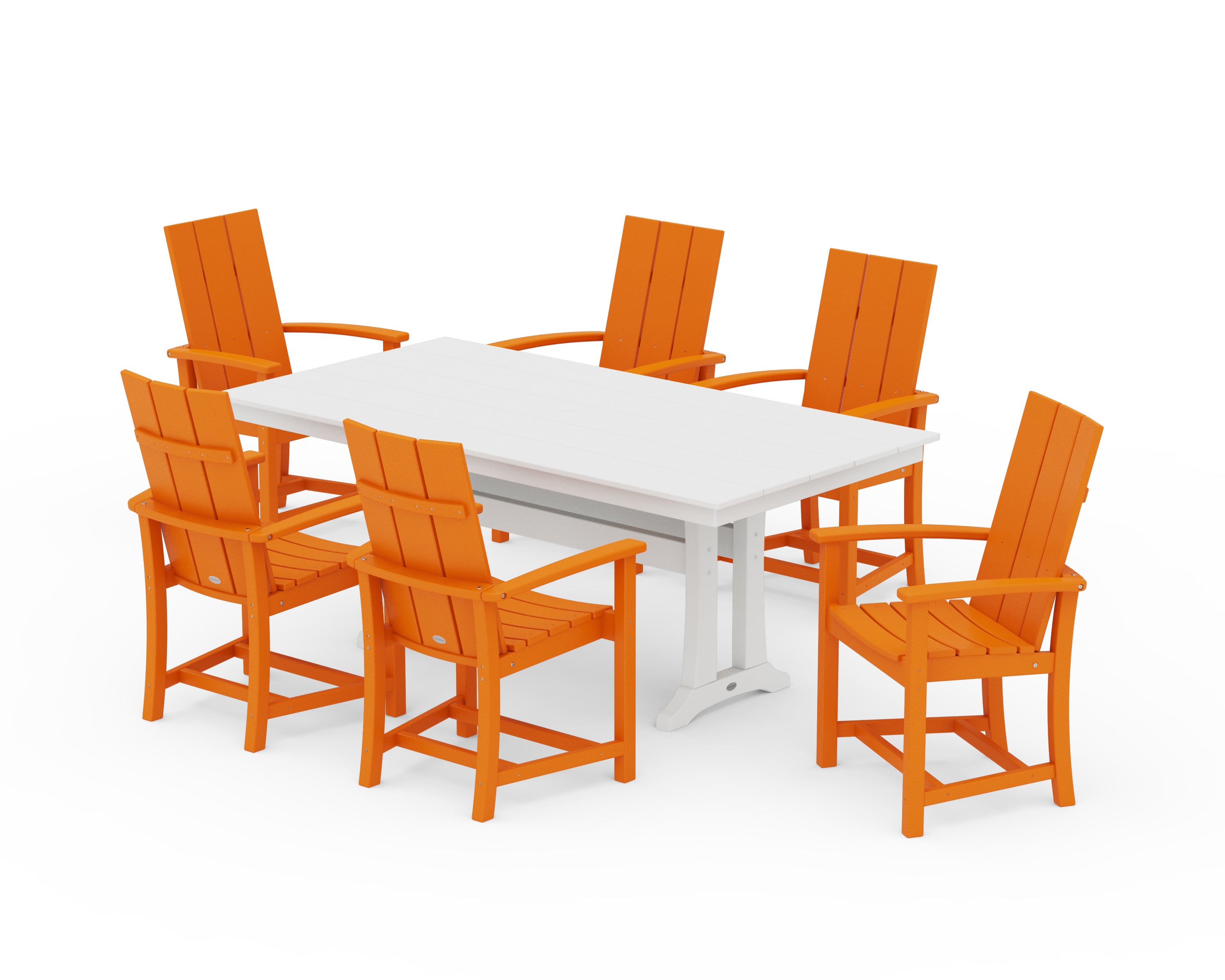 POLYWOOD Modern Adirondack 7-Piece Farmhouse Dining Set with Trestle Legs in Tangerine / White