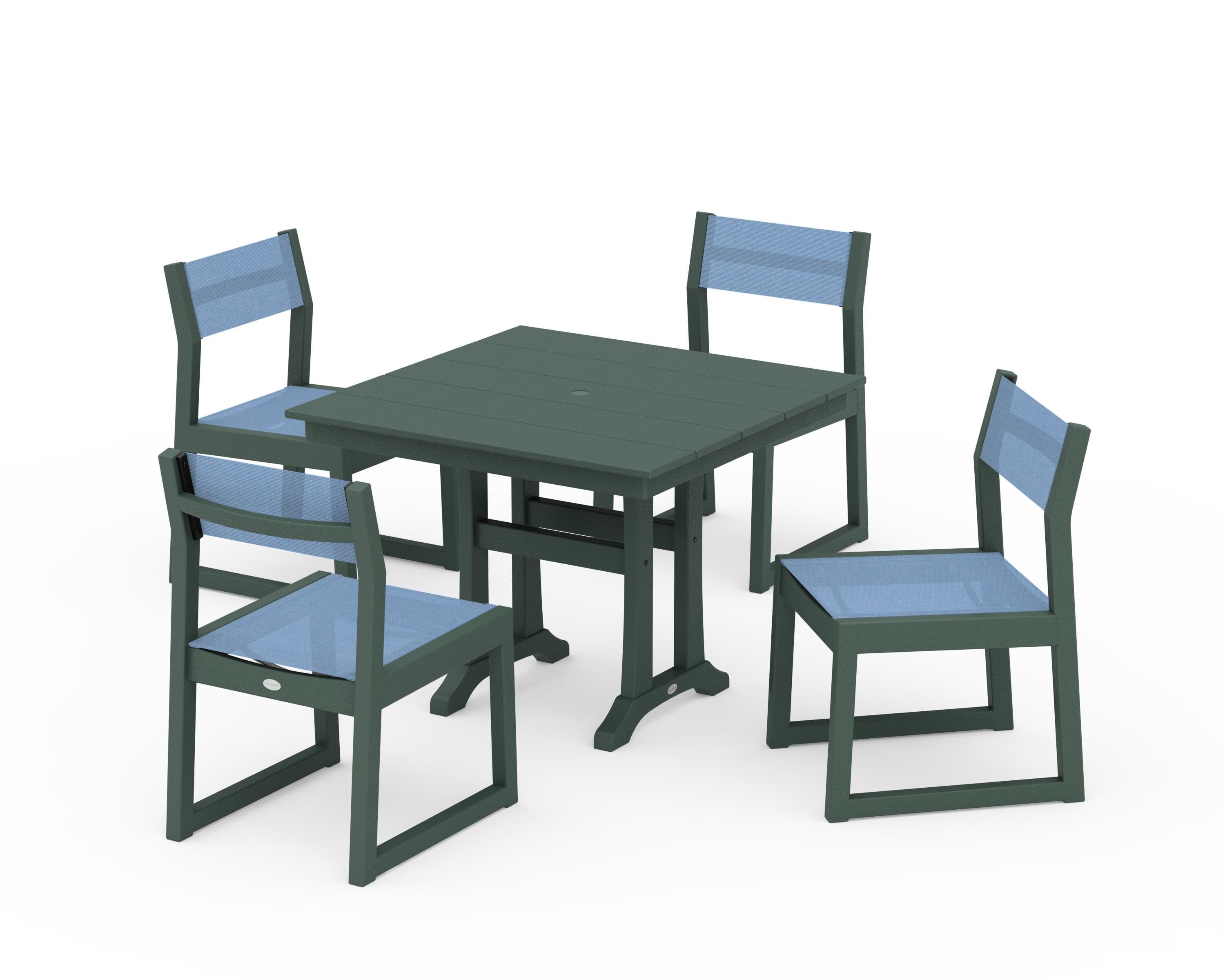 POLYWOOD EDGE Sling 5-Piece Farmhouse Trestle Side Chair Dining Set in Green / Poolside Sling