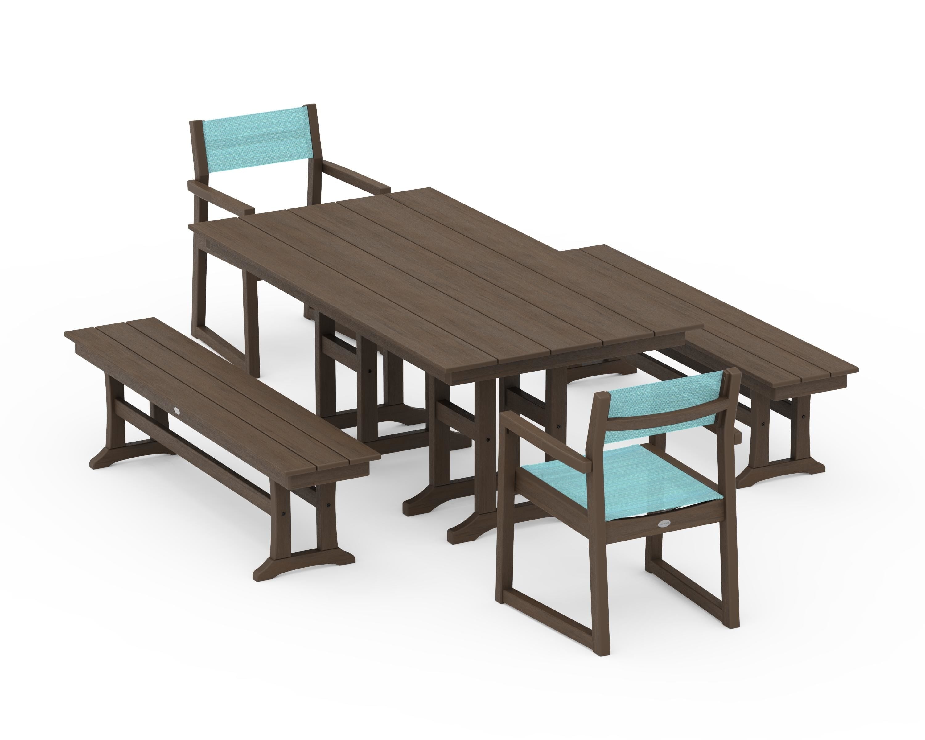 POLYWOOD EDGE Sling Arm Chair 5-Piece Farmhouse Dining Set with Benches in Kona / Dupioni Aquamarine Sling