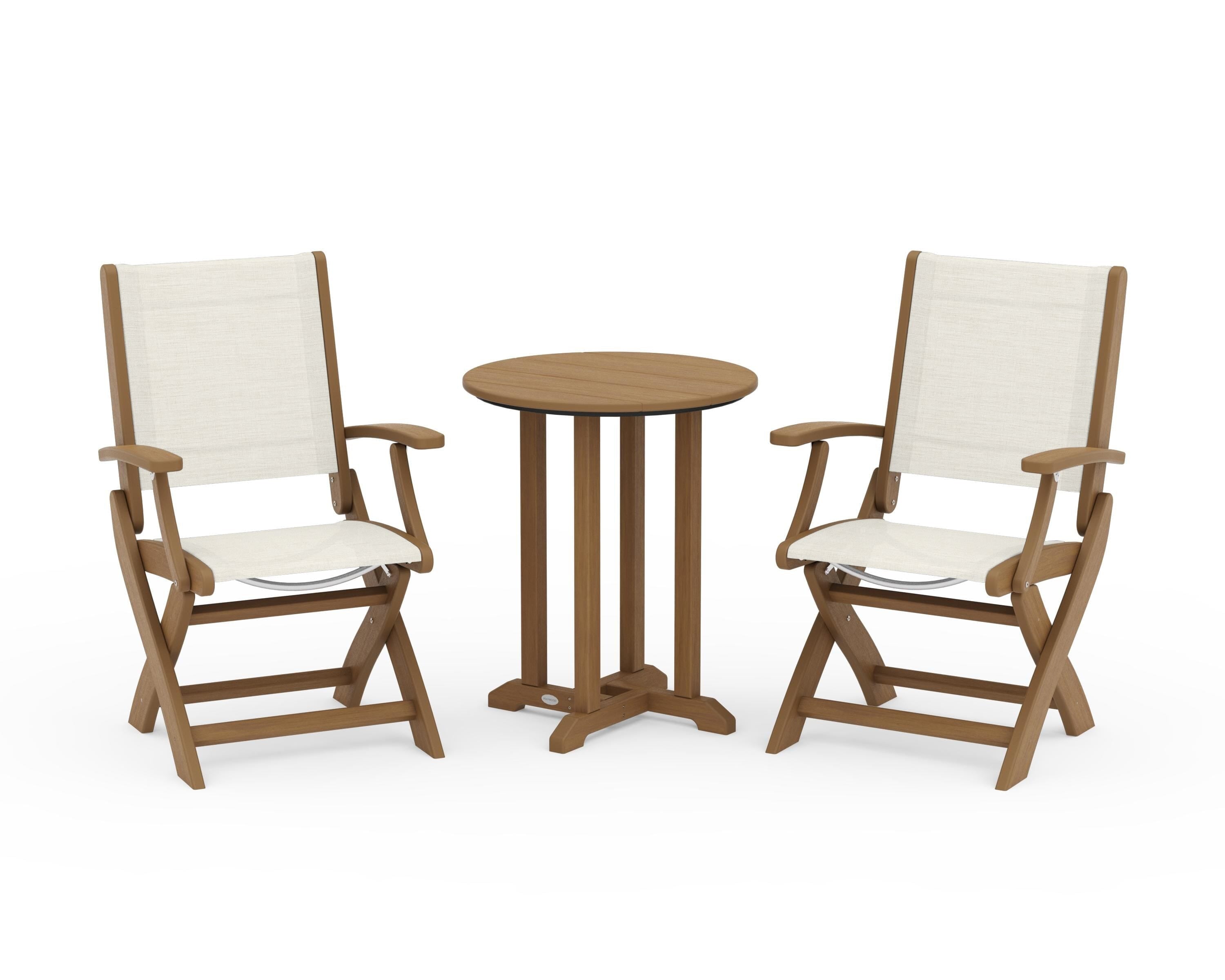POLYWOOD Coastal Folding 3-Piece Round Bistro Dining Set in Natural / Parchment Sling
