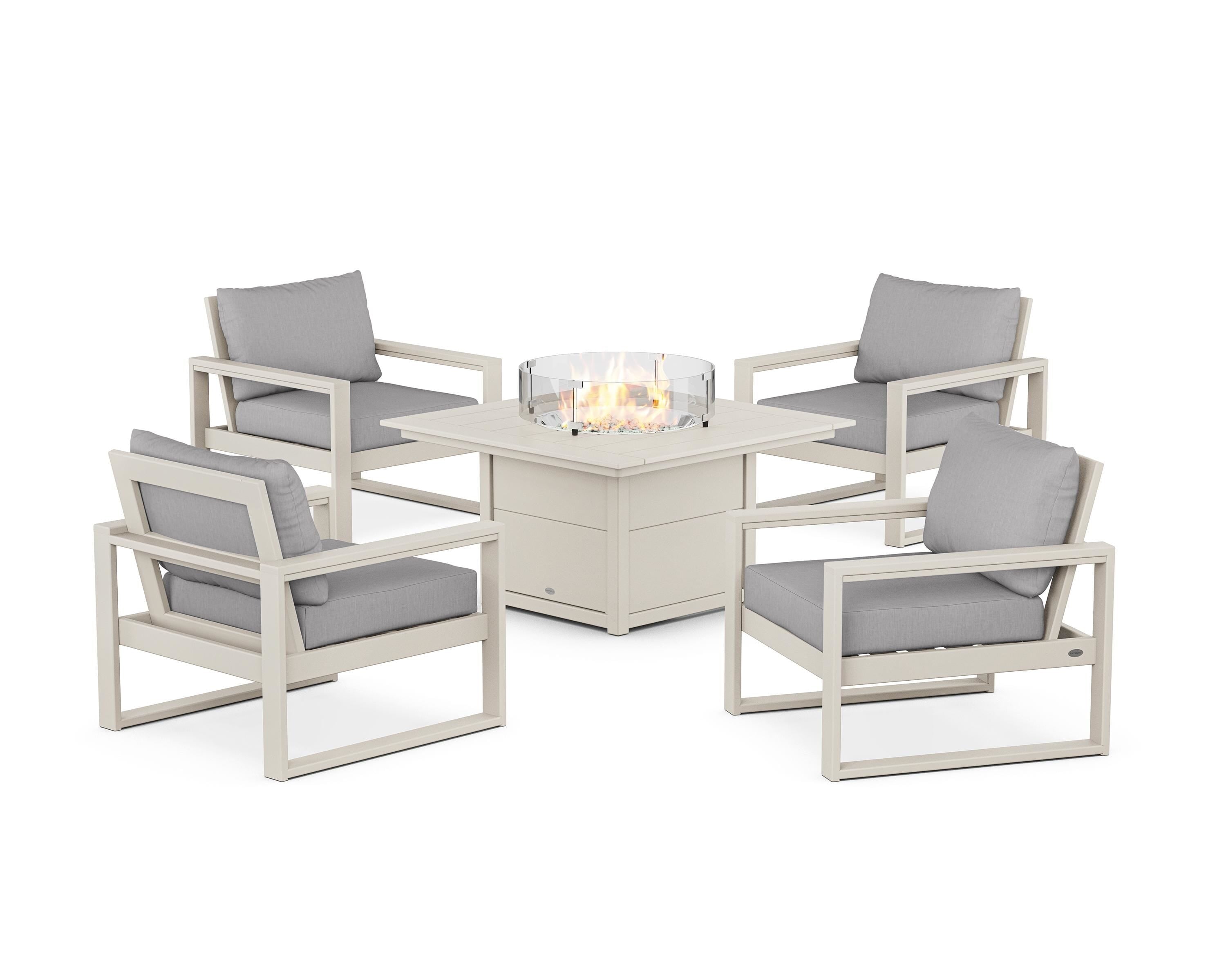POLYWOOD EDGE Sectional 5-Piece Deep Seating Set with Fire Pit Table in Sand / Granite