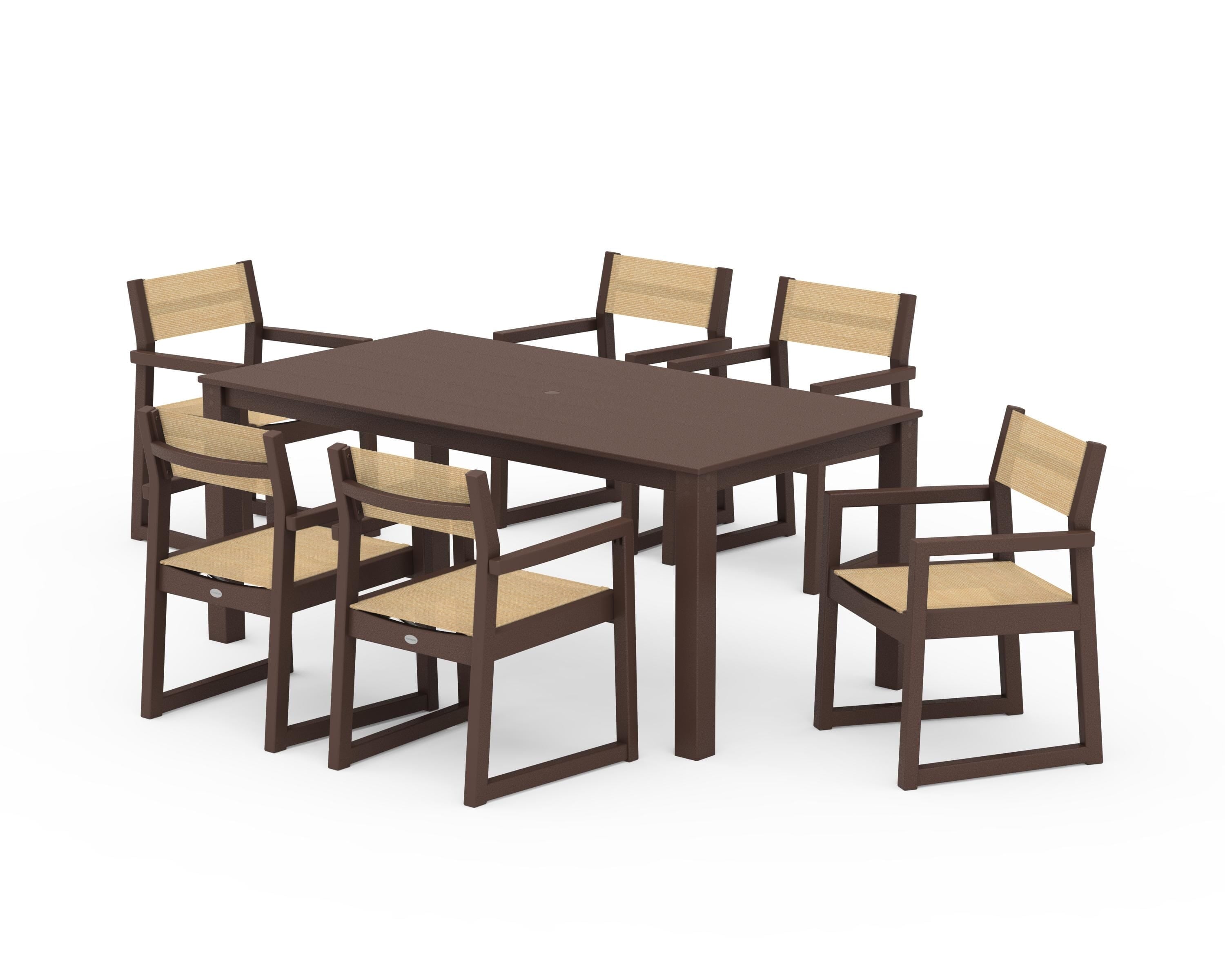 POLYWOOD EDGE Sling Arm Chair 7-Piece Parsons Dining Set in Mahogany / Dupioni Apricot Sling