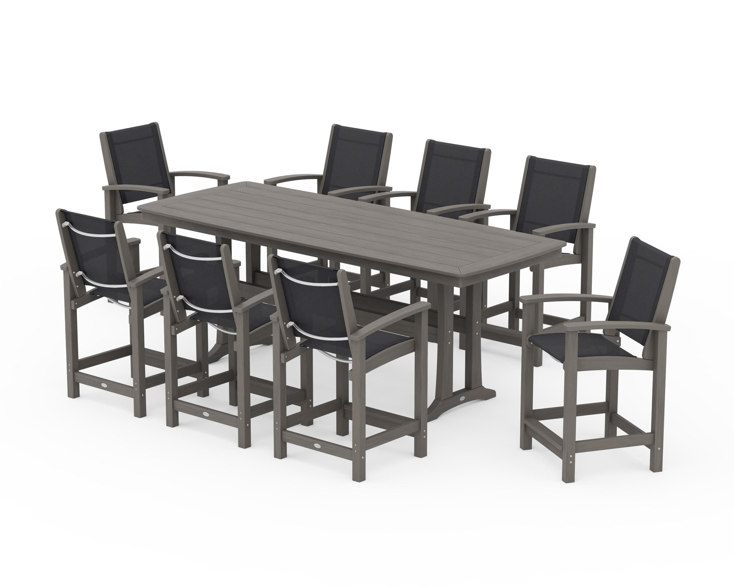 POLYWOOD Coastal 9-Piece Counter Set with Trestle Legs in Driftwood / Black Sling