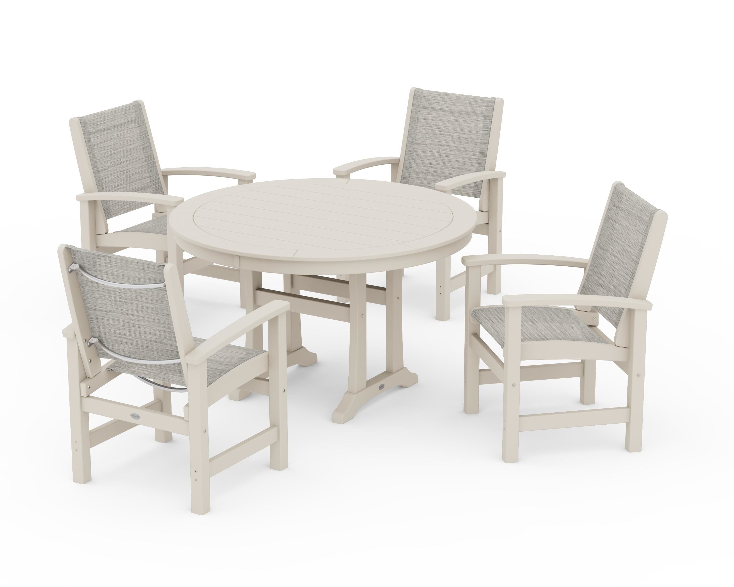 POLYWOOD Coastal 5-Piece Round Dining Set with Trestle Legs in Sand / Birch Sling