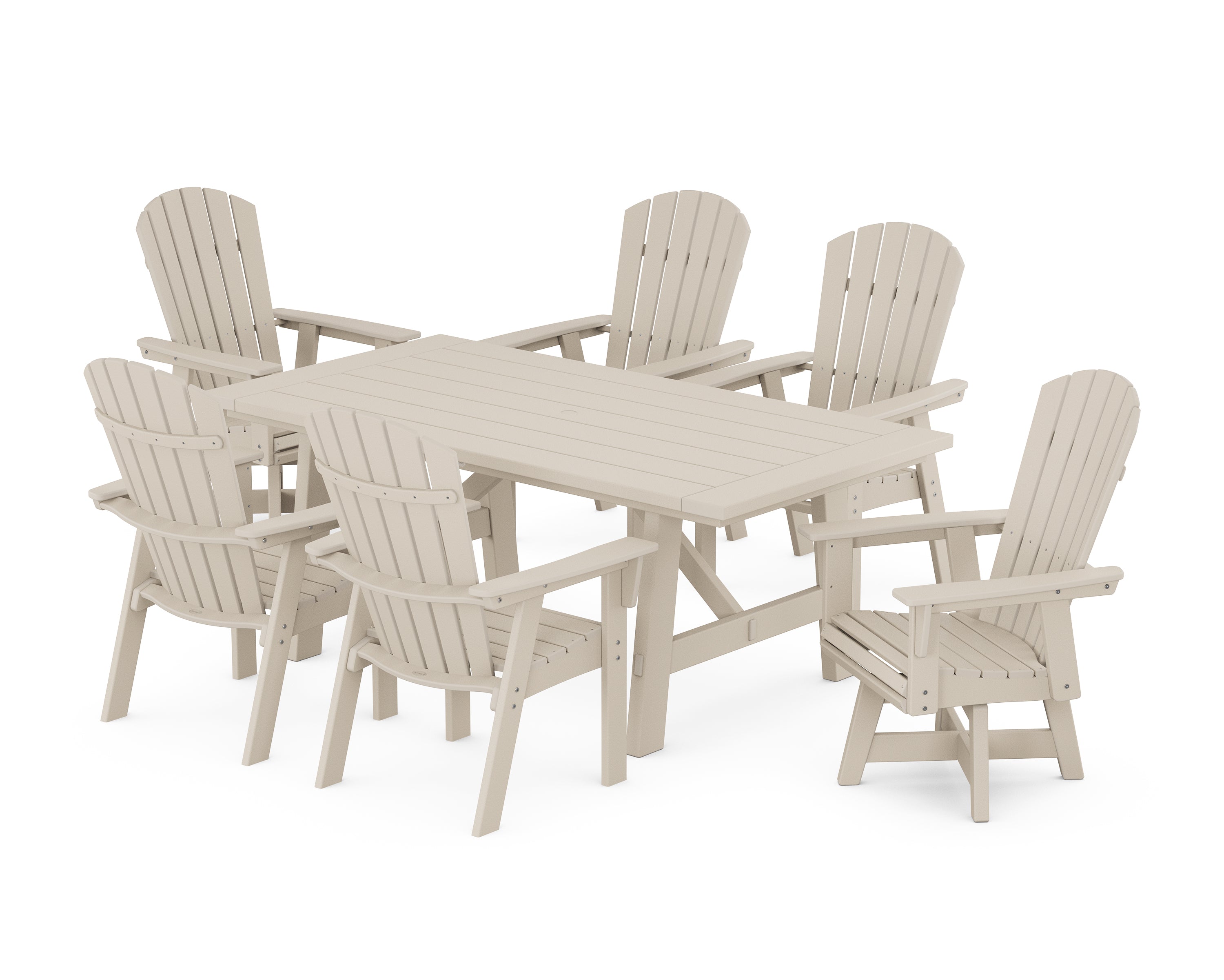 POLYWOOD® Nautical Curveback Adirondack Swivel Chair 7-Piece Rustic Farmhouse Dining Set in Sand