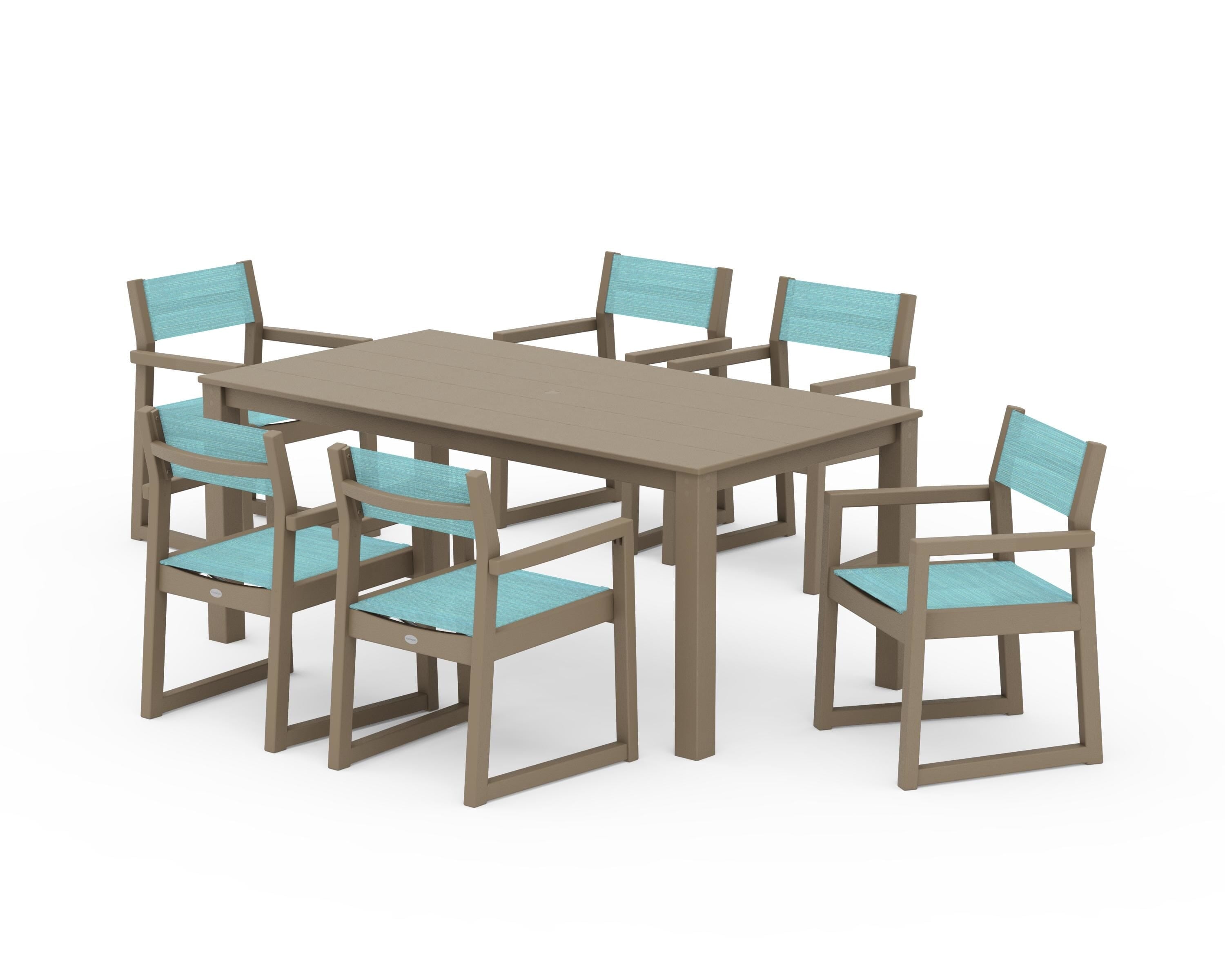 POLYWOOD EDGE Sling Arm Chair 7-Piece Parsons Dining Set in Vintage Sahara / Dupioni Aquamarine Sling