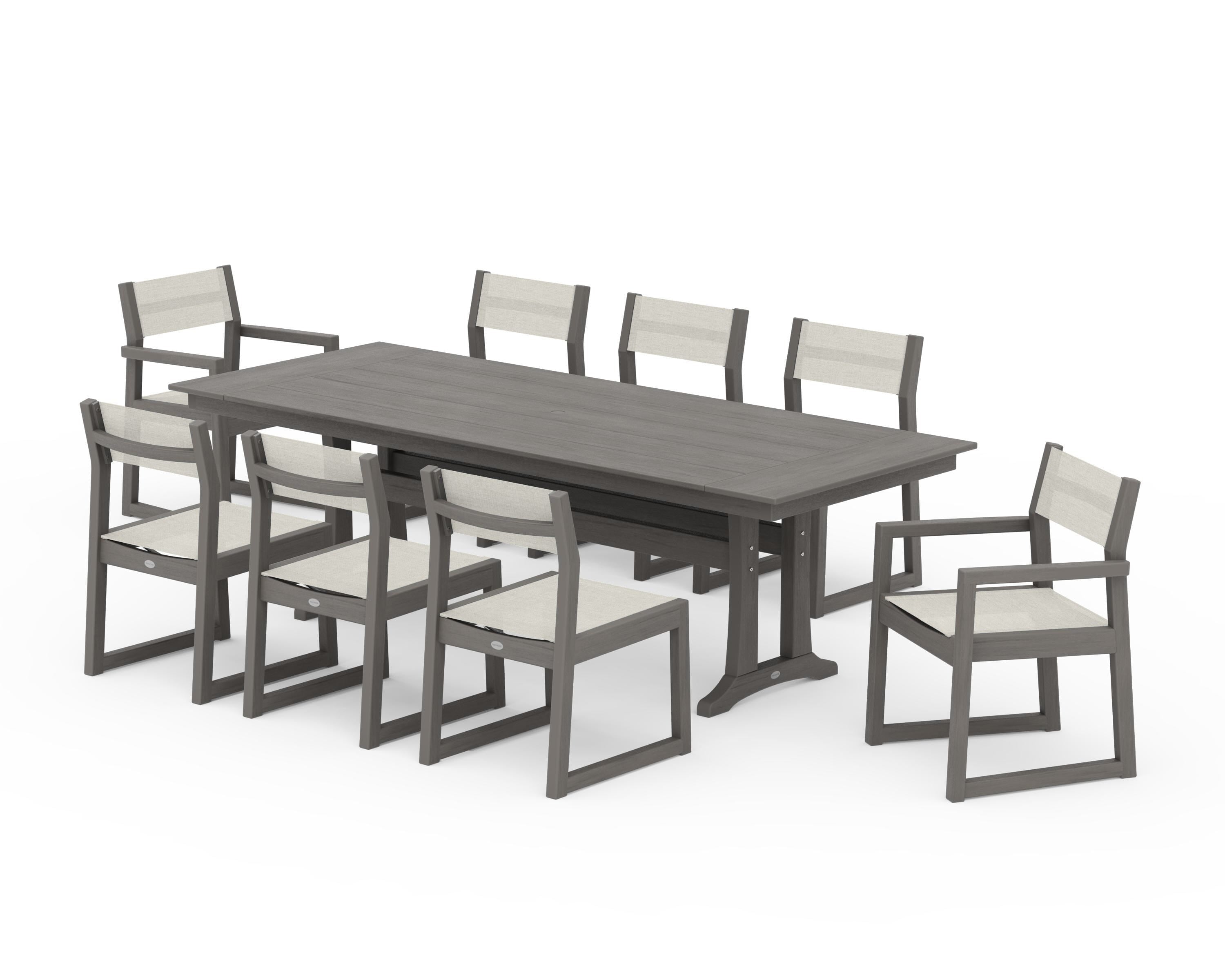 POLYWOOD EDGE Sling 9-Piece Farmhouse Trestle Dining Set in Driftwood / Parchment Sling