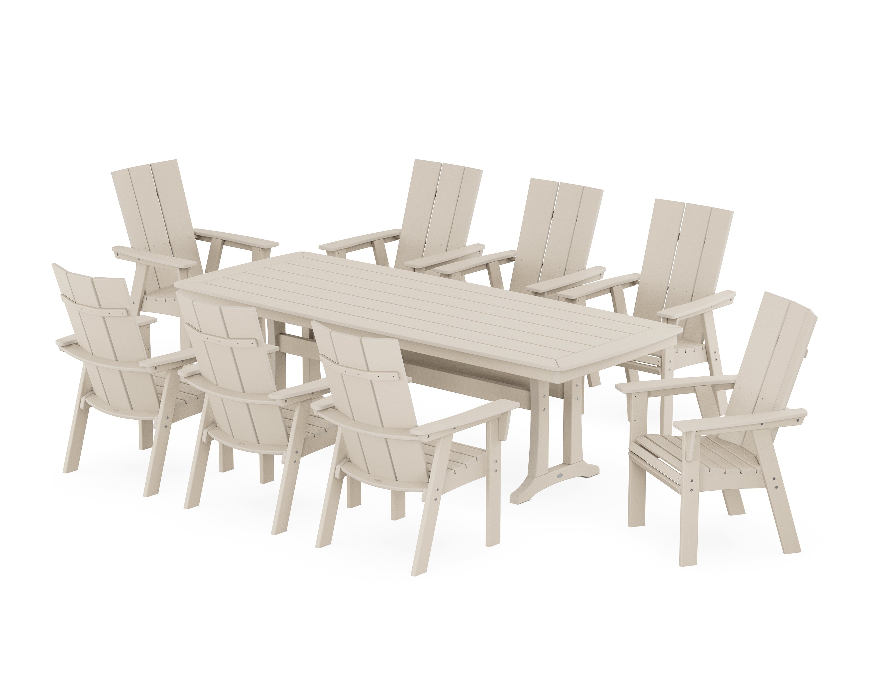 POLYWOOD® Modern Curveback Adirondack 9-Piece Dining Set with Trestle Legs in Sand