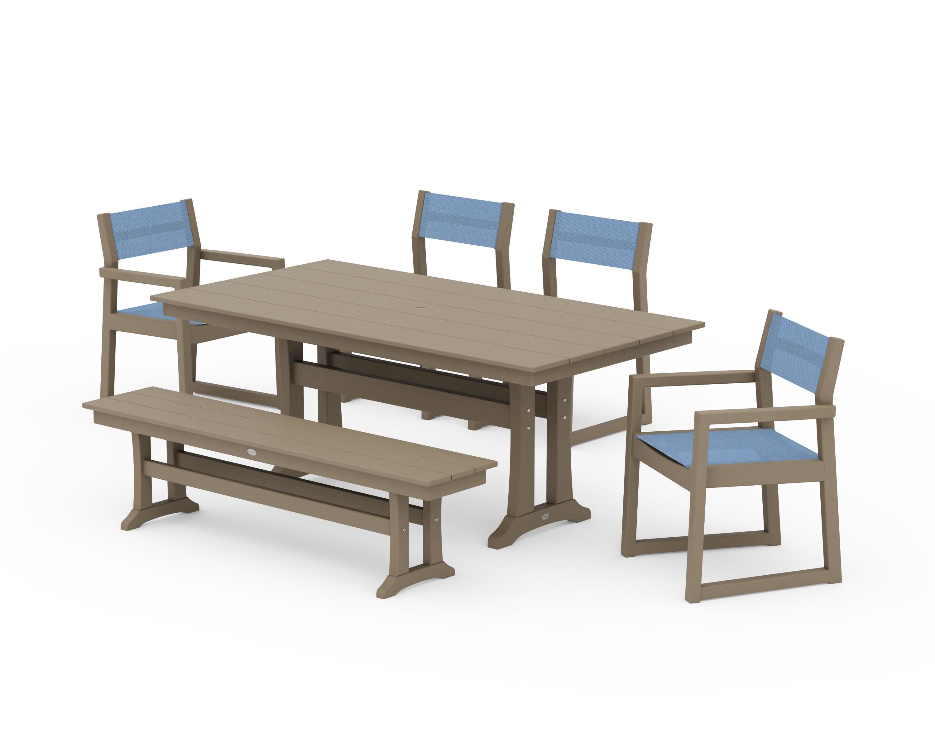POLYWOOD EDGE Sling 6-Piece Farmhouse Dining Set With Trestle Legs in Vintage Sahara / Poolside Sling