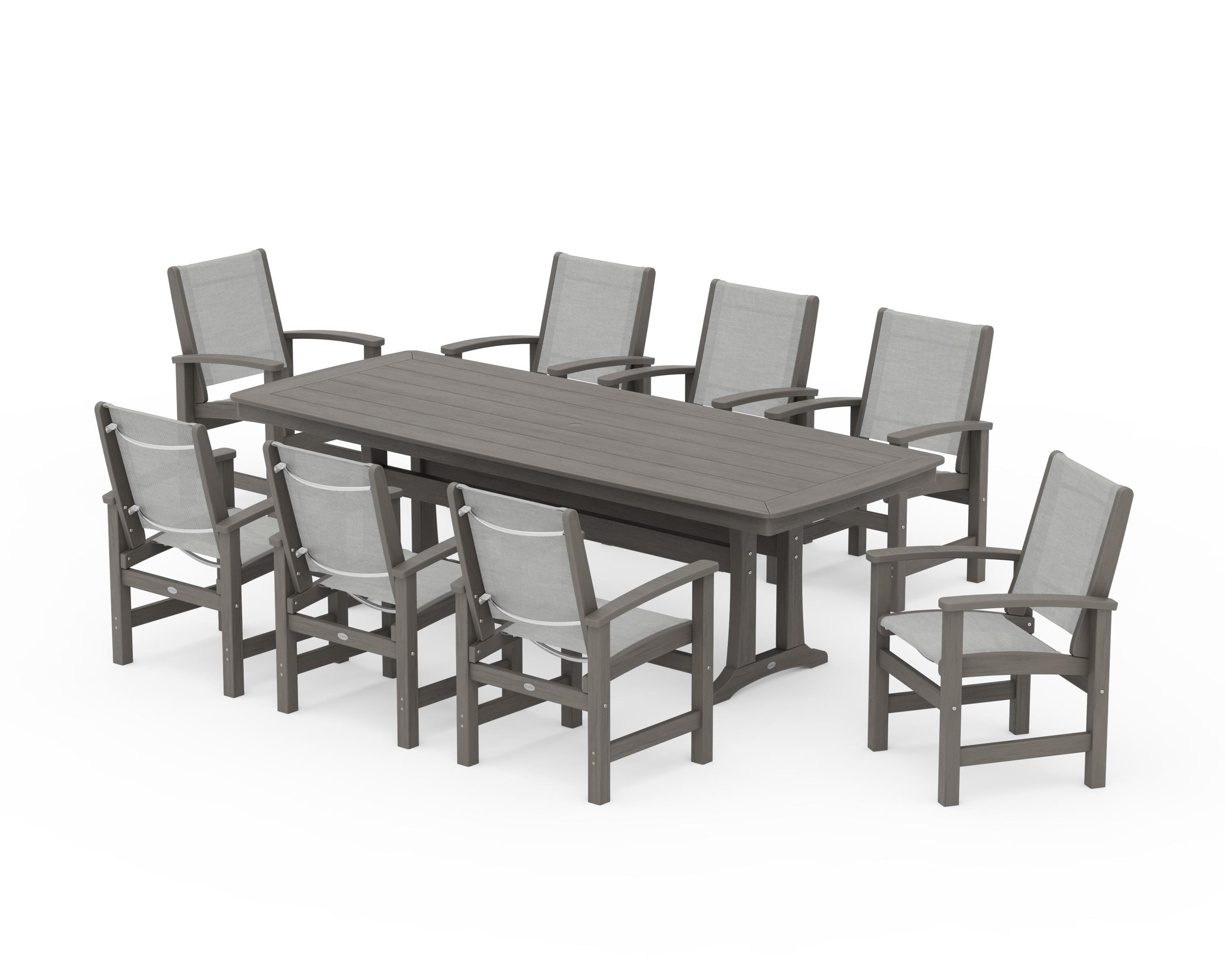 POLYWOOD Coastal 9-Piece Dining Set with Trestle Legs in Driftwood / Metallic Sling