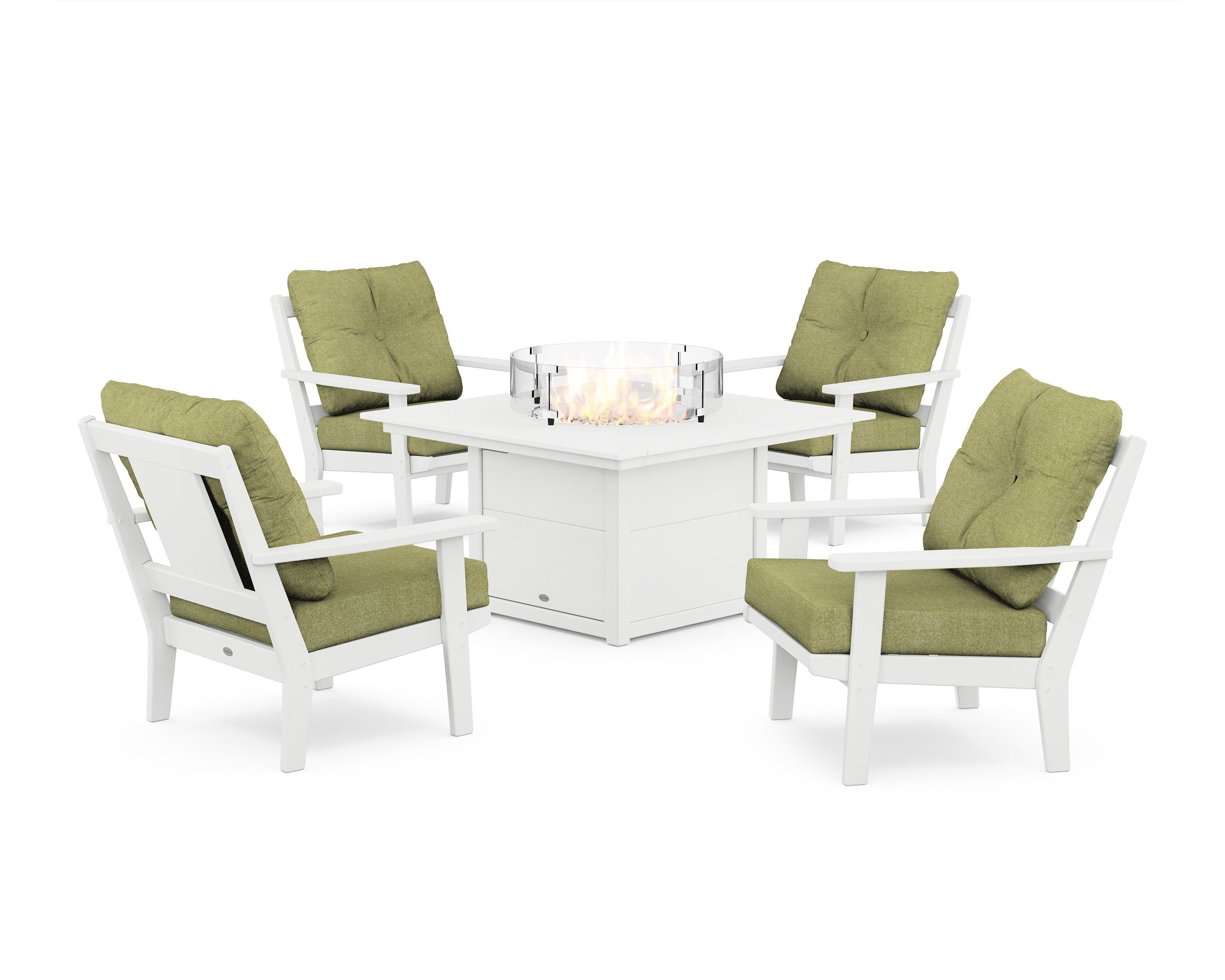 POLYWOOD Prairie 5-Piece Deep Seating Set with Fire Pit Table in White / Chartreuse Boucle