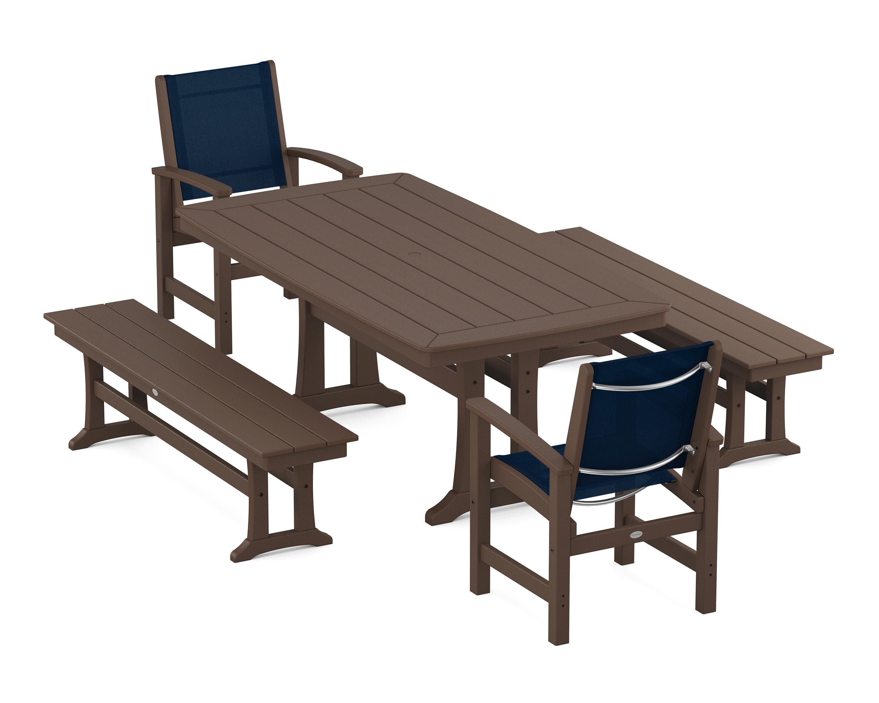 POLYWOOD Coastal 5-Piece Dining Set with Trestle Legs and Benches in Mahogany / Navy Blue Sling