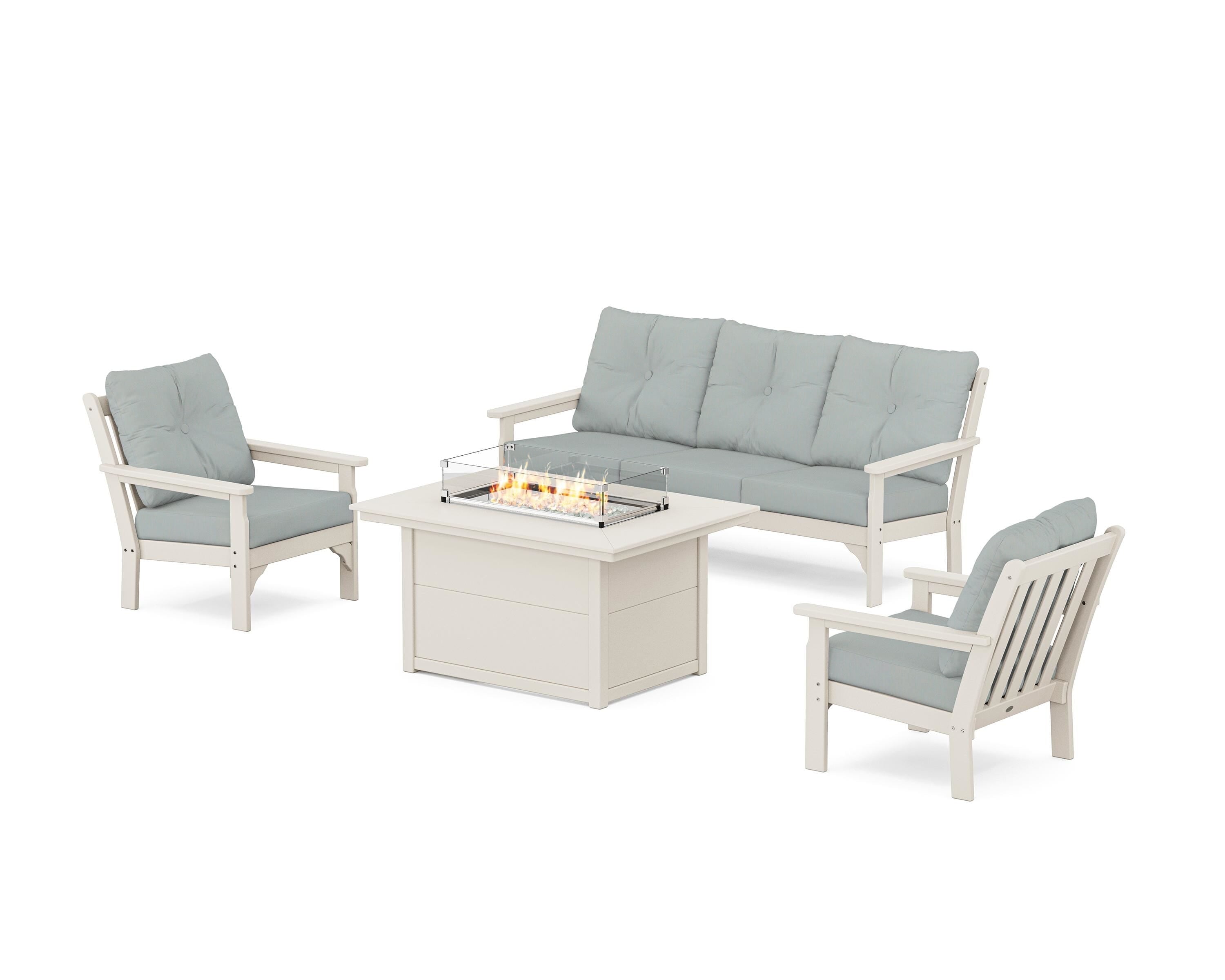 POLYWOOD Vineyard Deep Seating Fire Pit Table Set in Sand / Spa