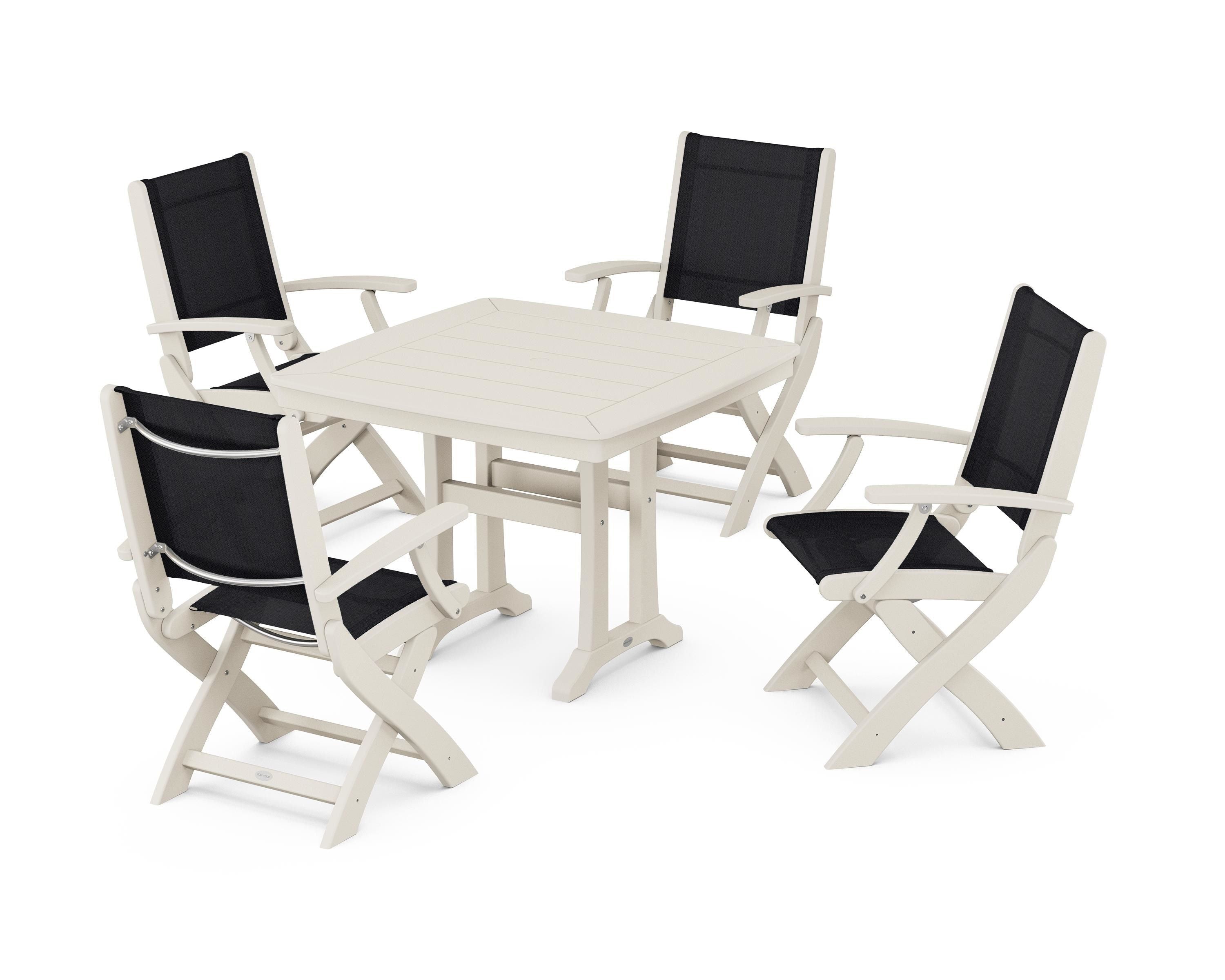 POLYWOOD Coastal Folding Chair 5-Piece Dining Set with Trestle Legs in Sand / Black Sling