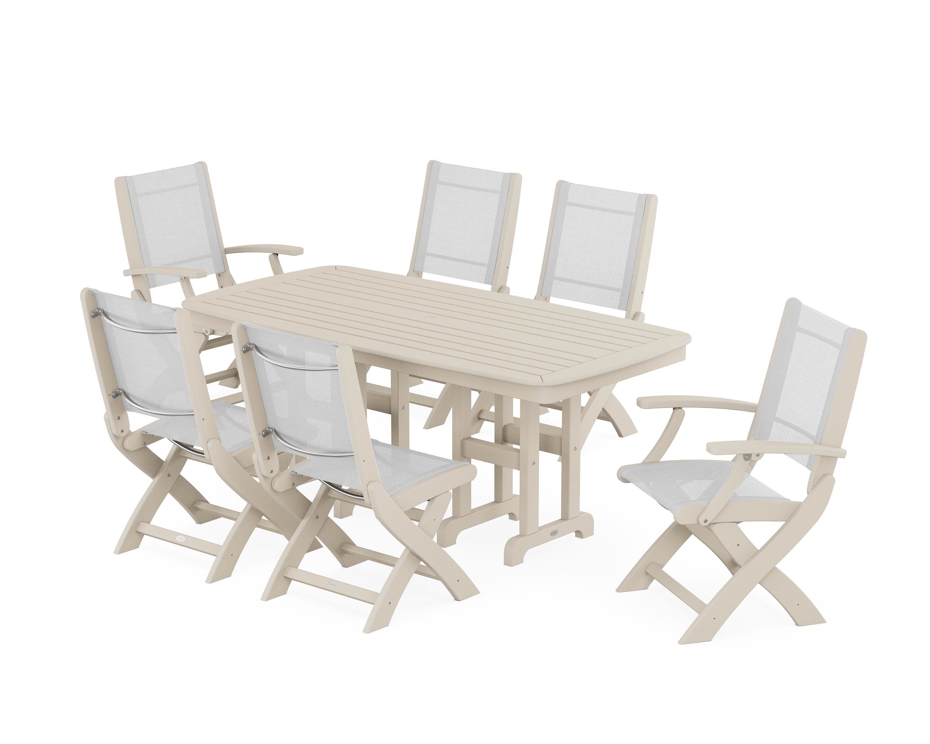 POLYWOOD Coastal Folding Chair 7-Piece Dining Set in Sand / White Sling