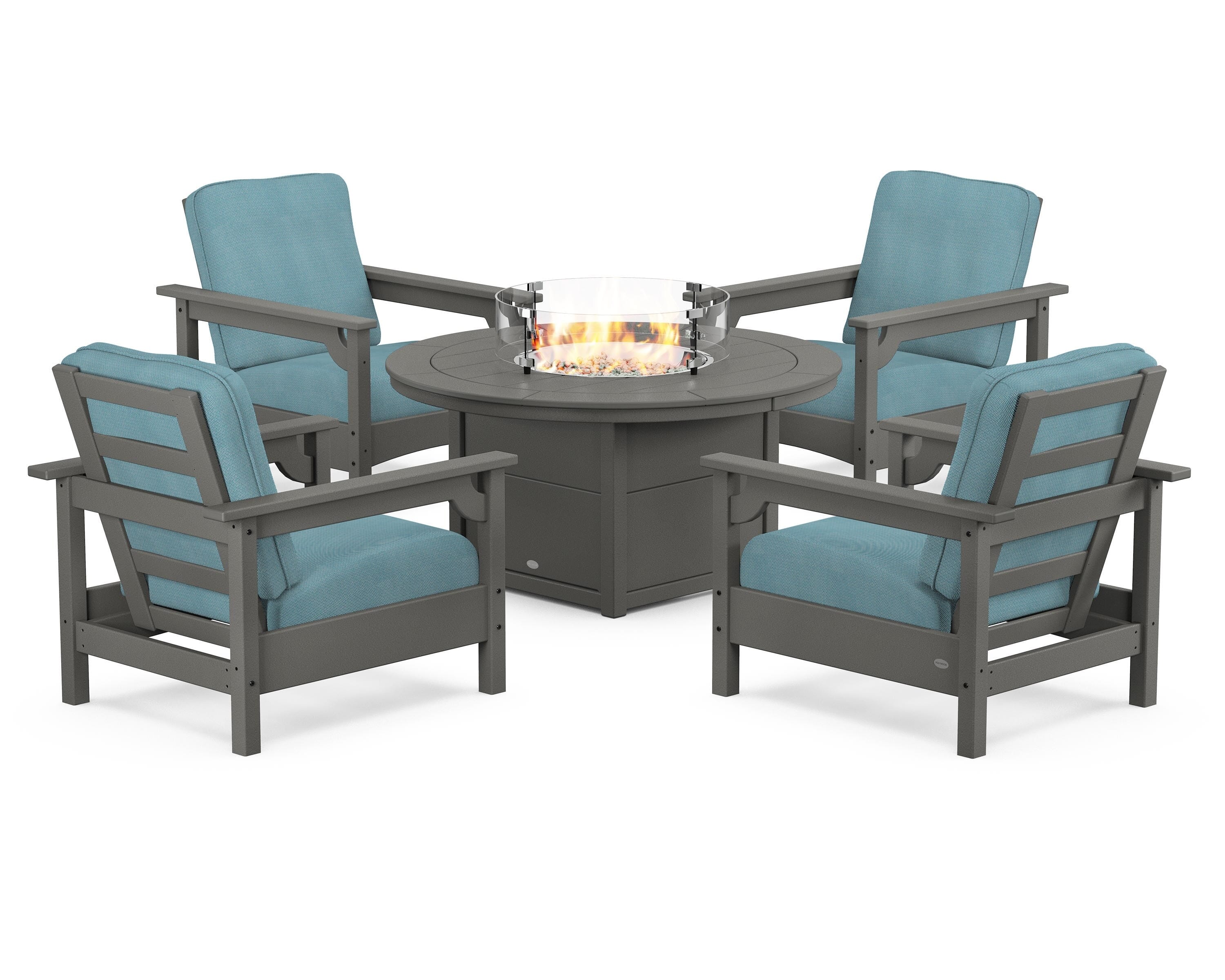 POLYWOOD Club 5-Piece Conversation Set with Fire Pit Table in Slate Grey / Lattice Sky Blue