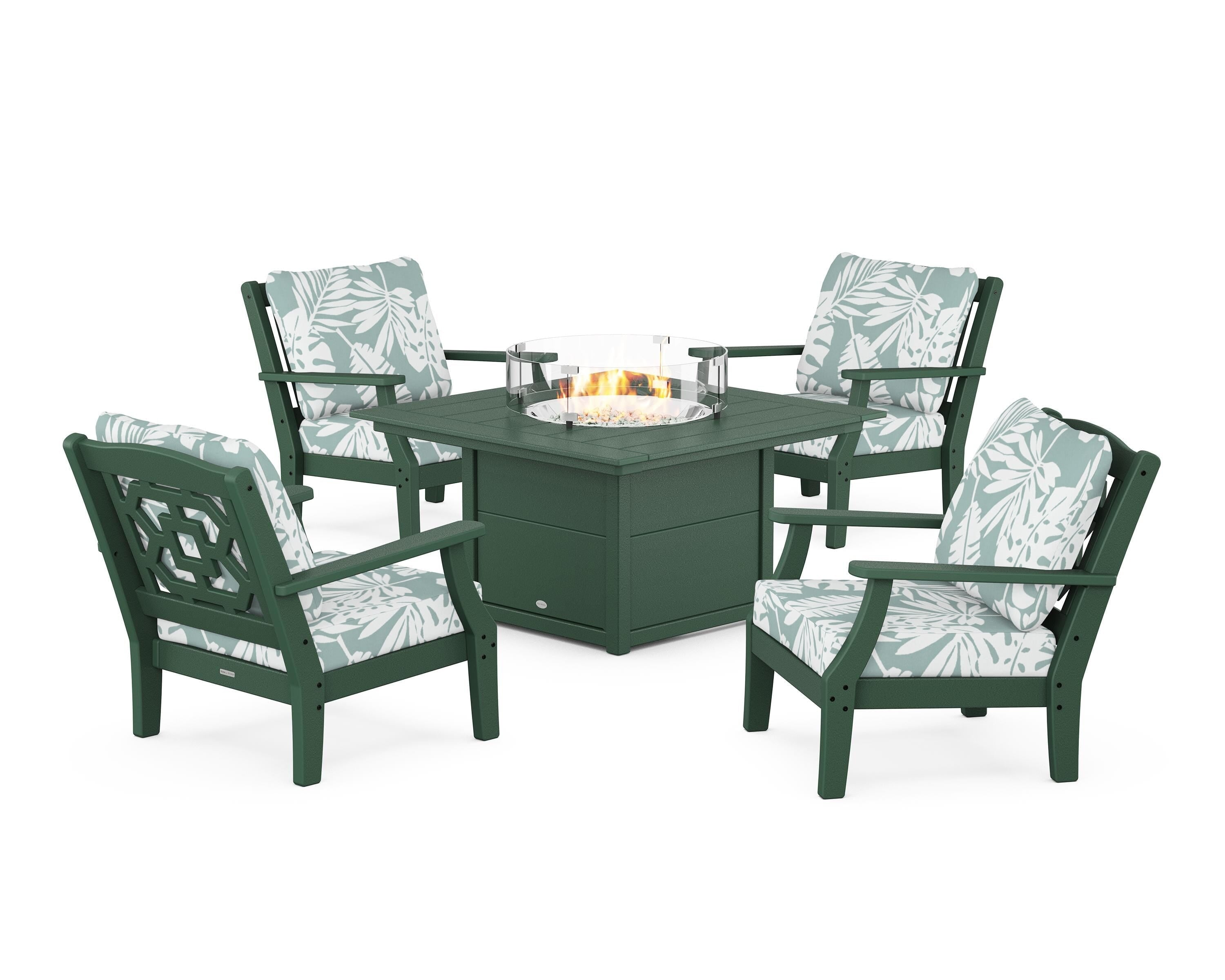 Martha Stewart by POLYWOOD Chinoiserie 5-Piece Deep Seating Set with Fire Pit Table in Green / Leaf Glacier Spa