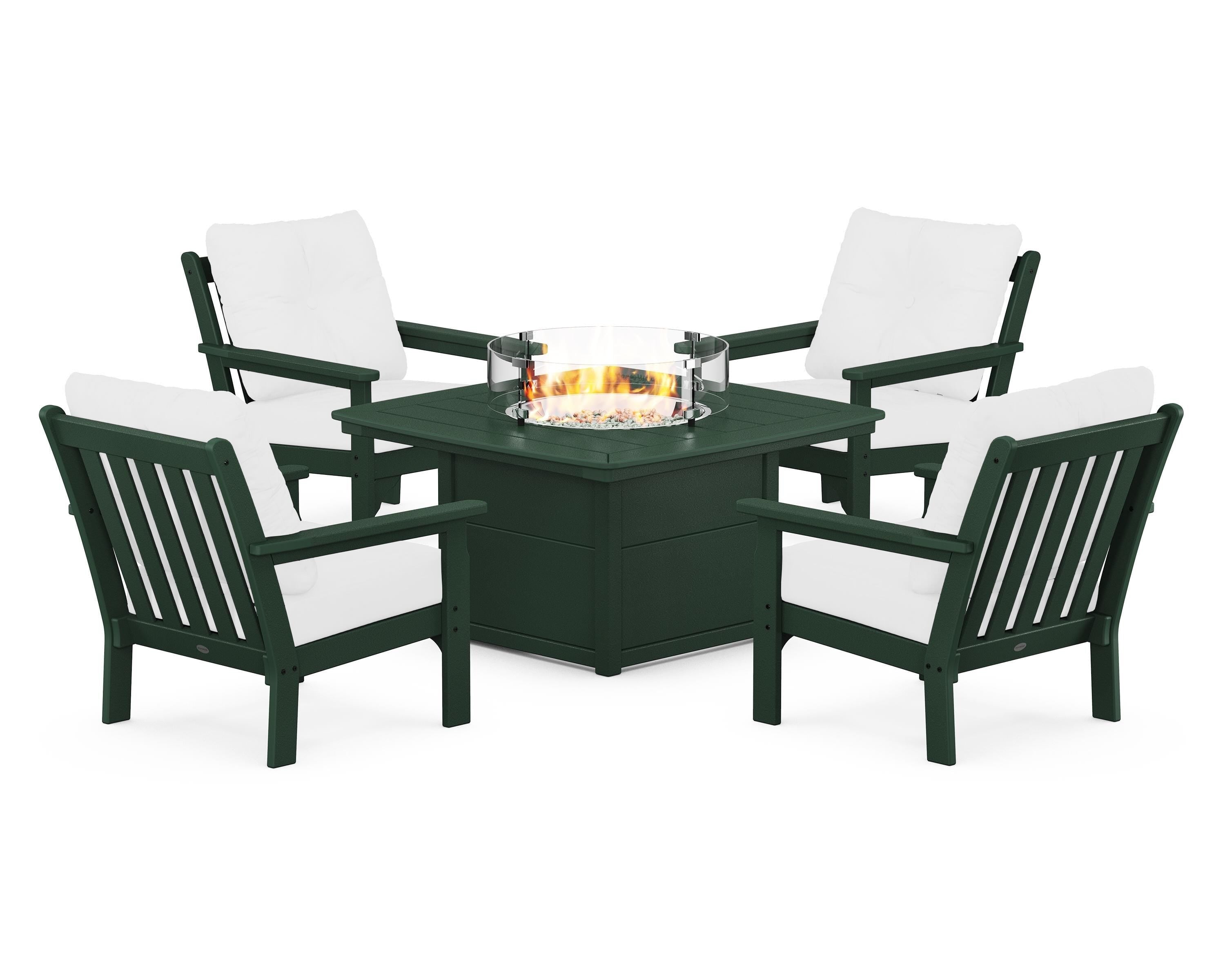 POLYWOOD Vineyard 5-Piece Conversation Set with Fire Pit Table in Green / Natural