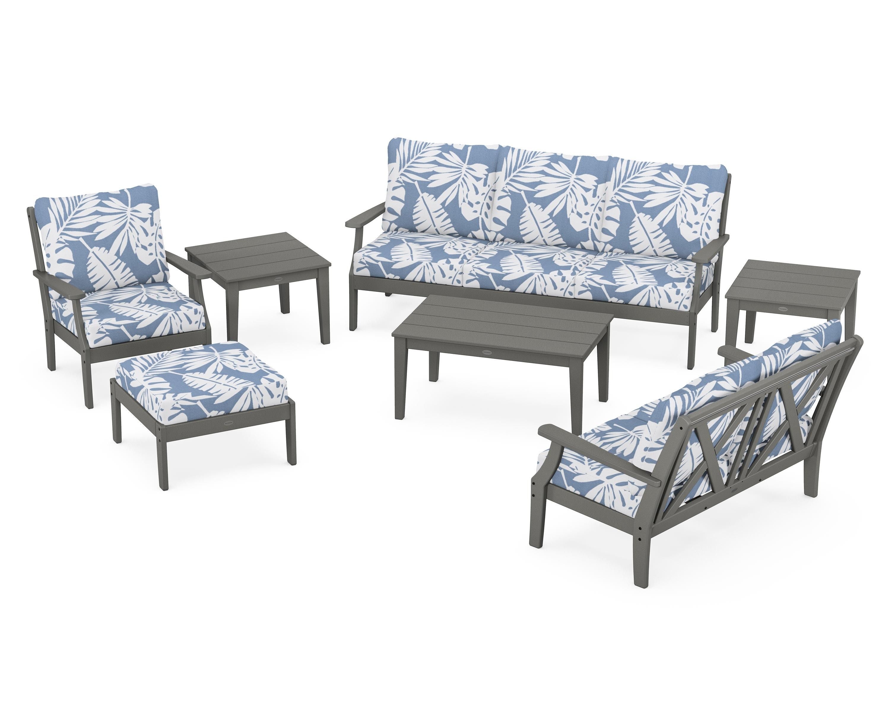 POLYWOOD Braxton 7-Piece Deep Seating Set in Slate Grey / Leaf Sky Blue