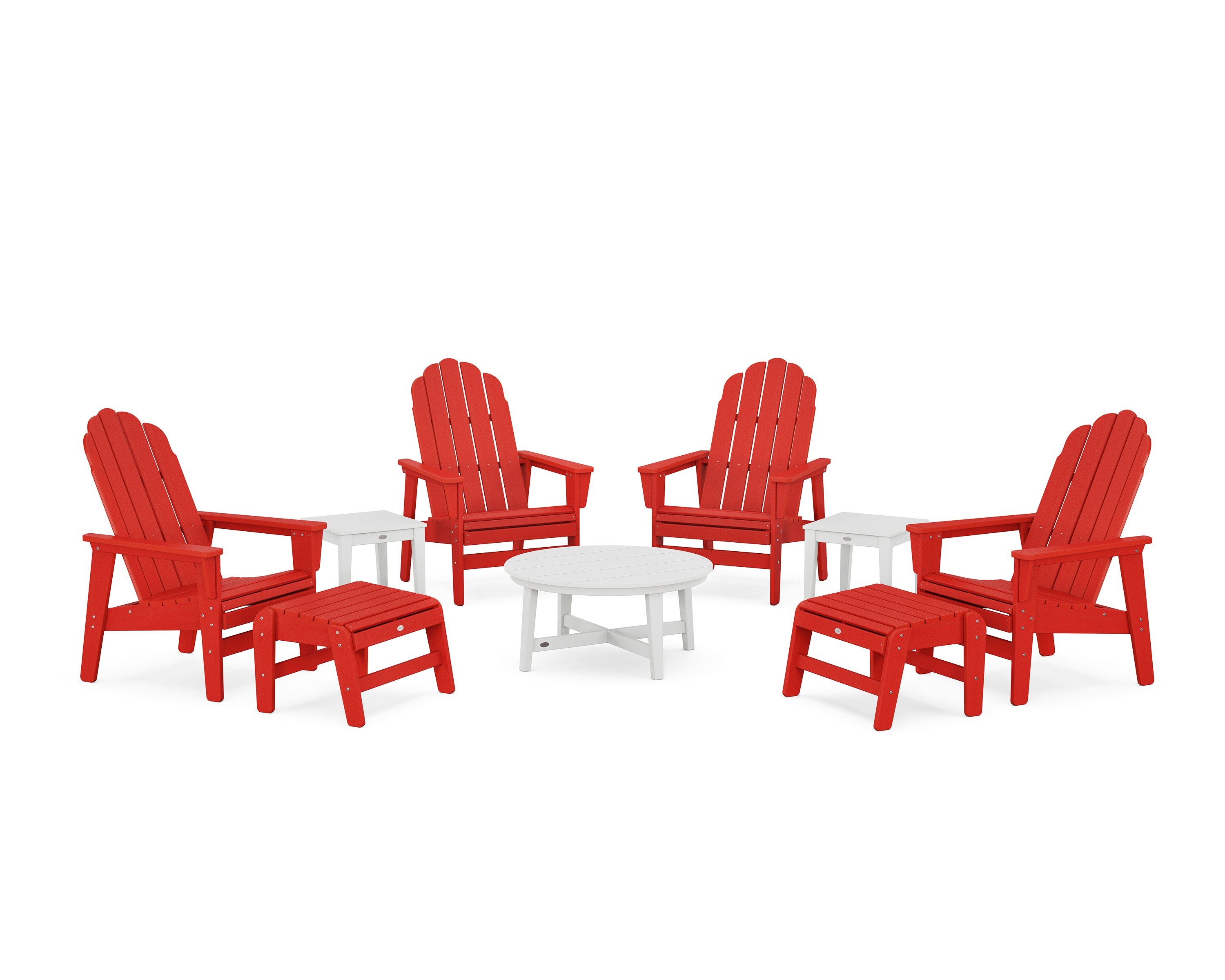 POLYWOOD® Vineyard Grand Upright Adirondack 9-Piece Conversation Set in Sunset Red / White