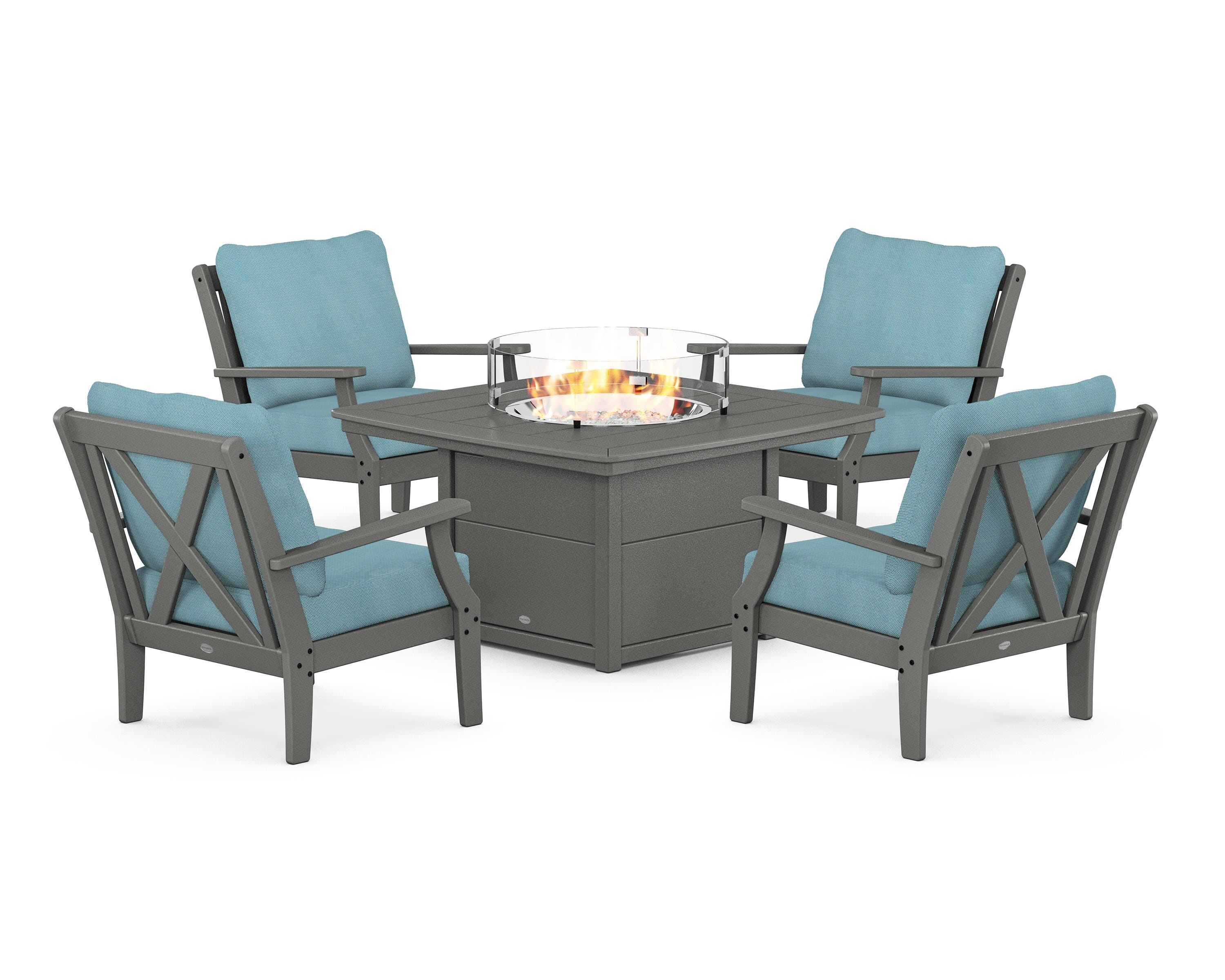 POLYWOOD Braxton 5-Piece Deep Seating Conversation Set with Fire Pit Table in Slate Grey / Lattice Sky Blue