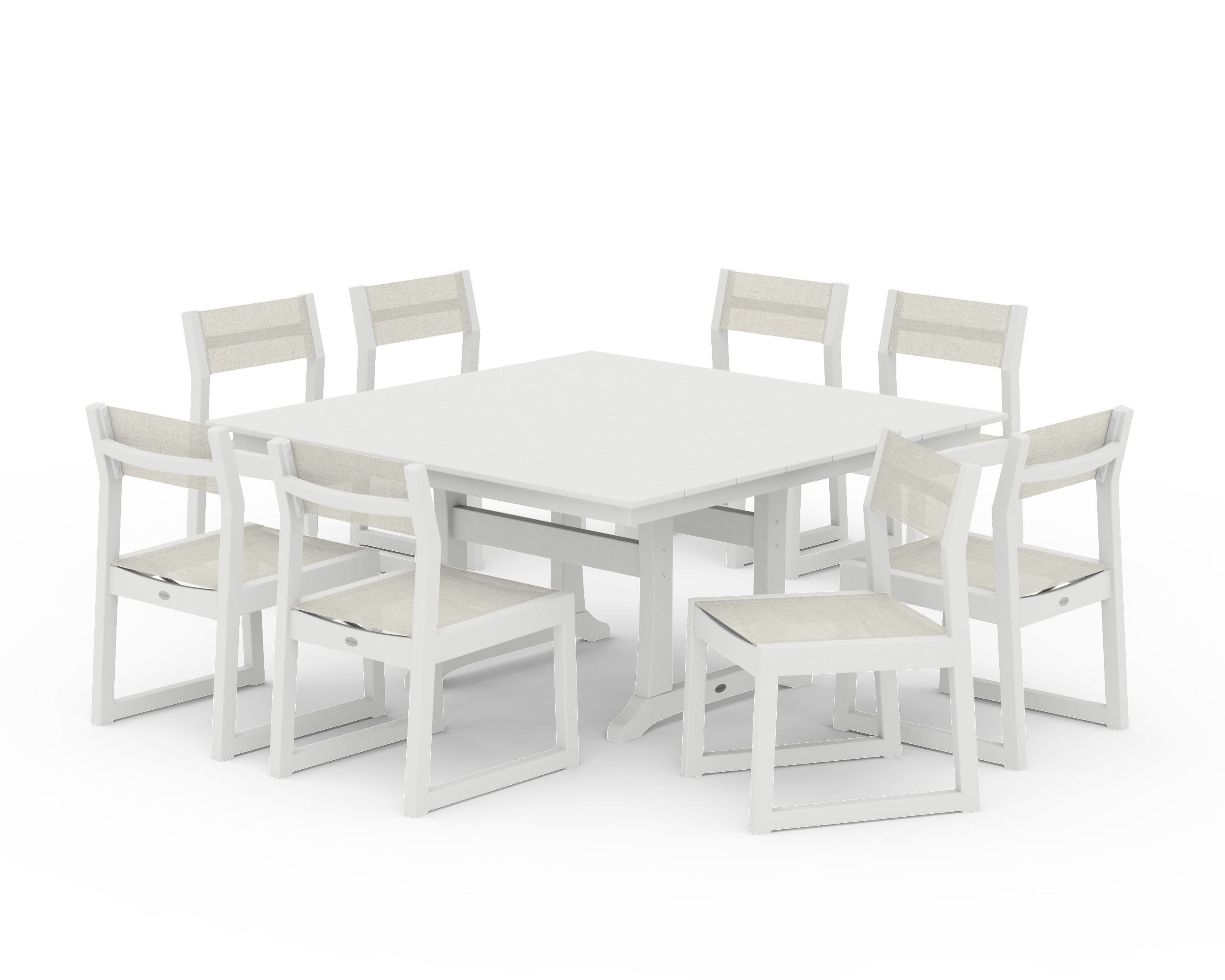 POLYWOOD EDGE Sling Side Chair 9-Piece Farmhouse Trestle Dining Set in Vintage White / Parchment Sling