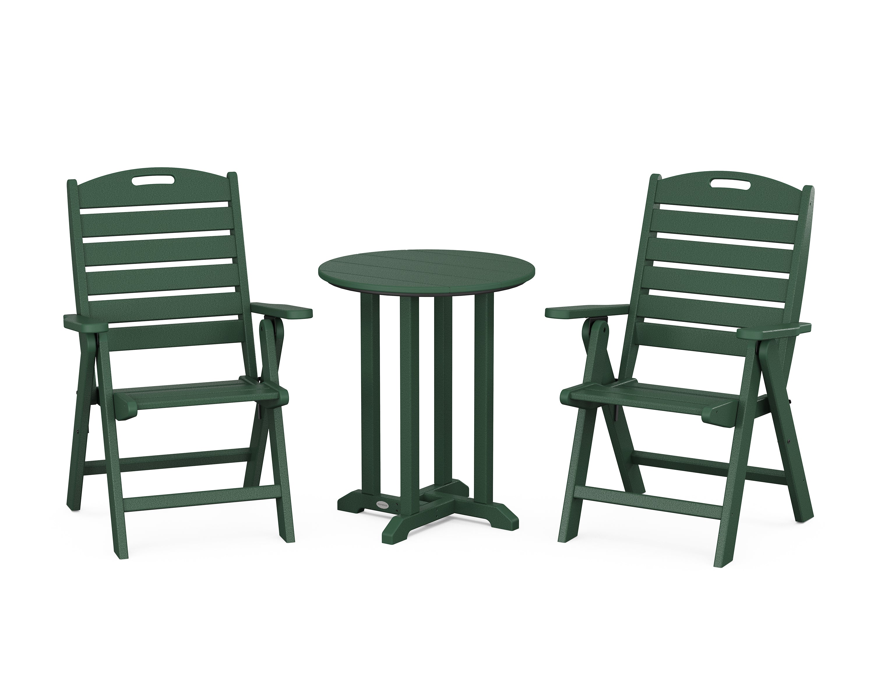 POLYWOOD Nautical Folding Highback Chair 3-Piece Round Bistro Dining Set in Green