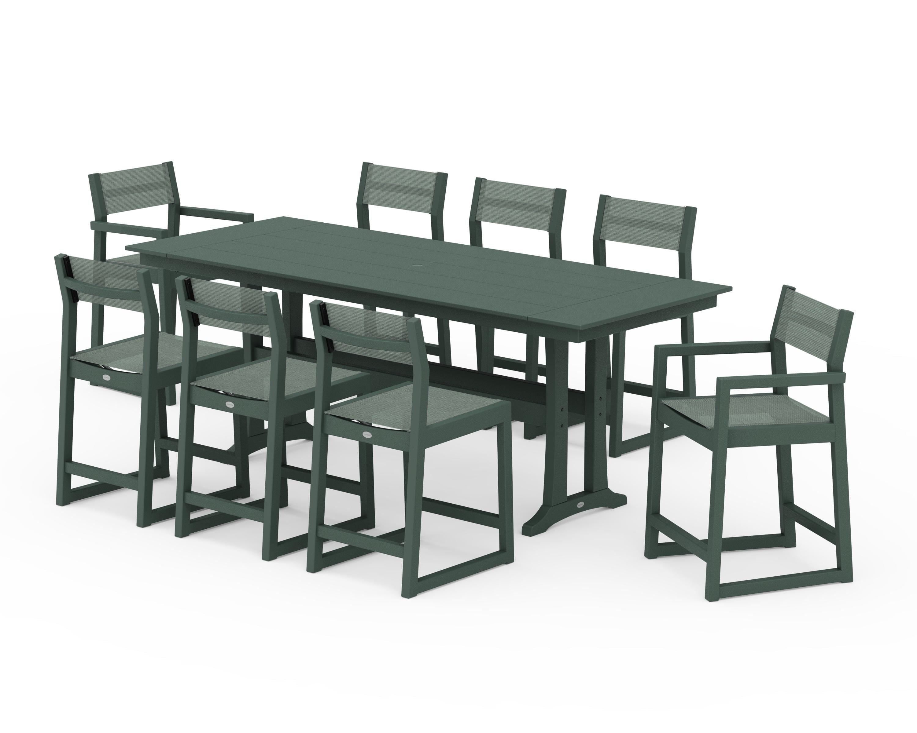 POLYWOOD EDGE Sling 9-Piece Farmhouse Counter Set with Trestle Legs in Green / Dupioni Sea Mist Sling