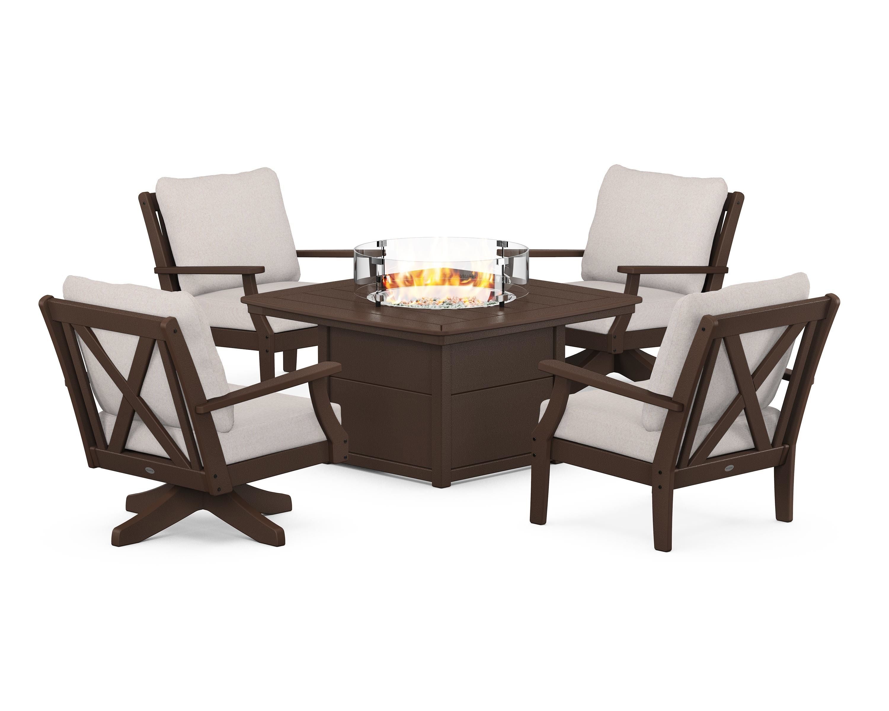 POLYWOOD Braxton 5-Piece Deep Seating Set with Fire Table in Mahogany / Dune Burlap