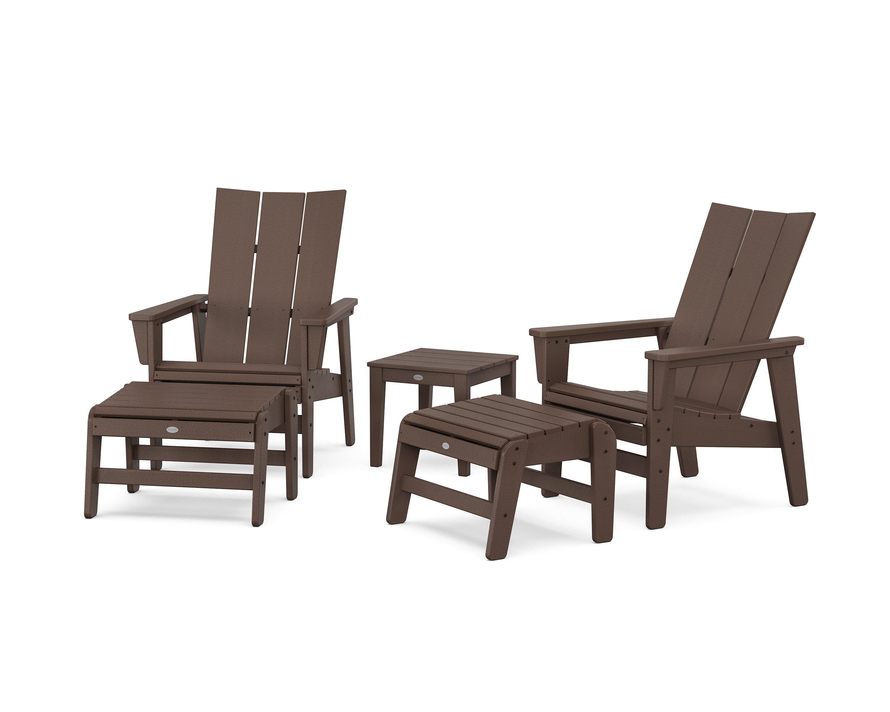 POLYWOOD 5-Piece Modern Grand Upright Adirondack Set with Ottomans and Side Table in Mahogany