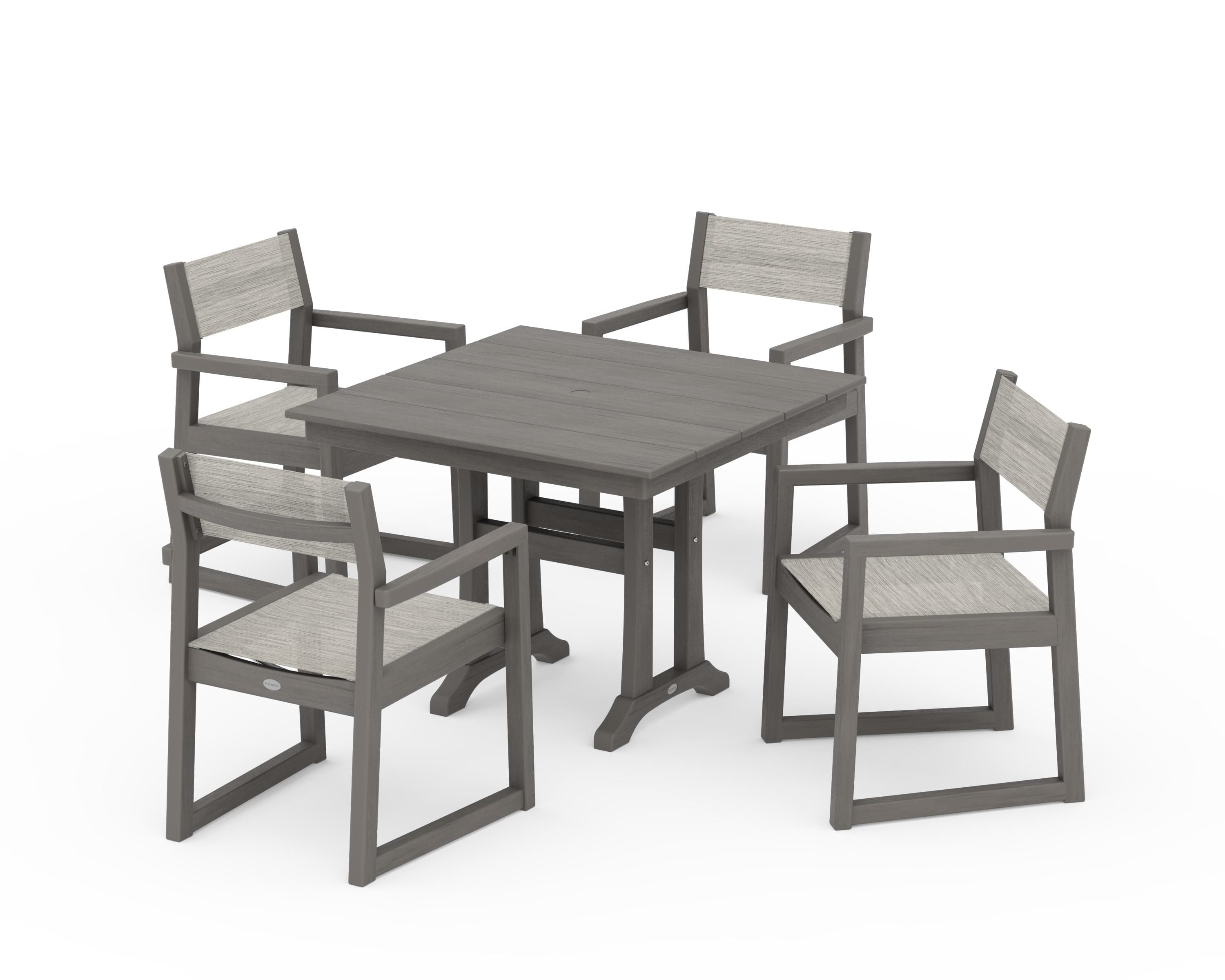 POLYWOOD EDGE Sling 5-Piece Farmhouse Dining Set with Trestle Legs in Driftwood / Birch Sling