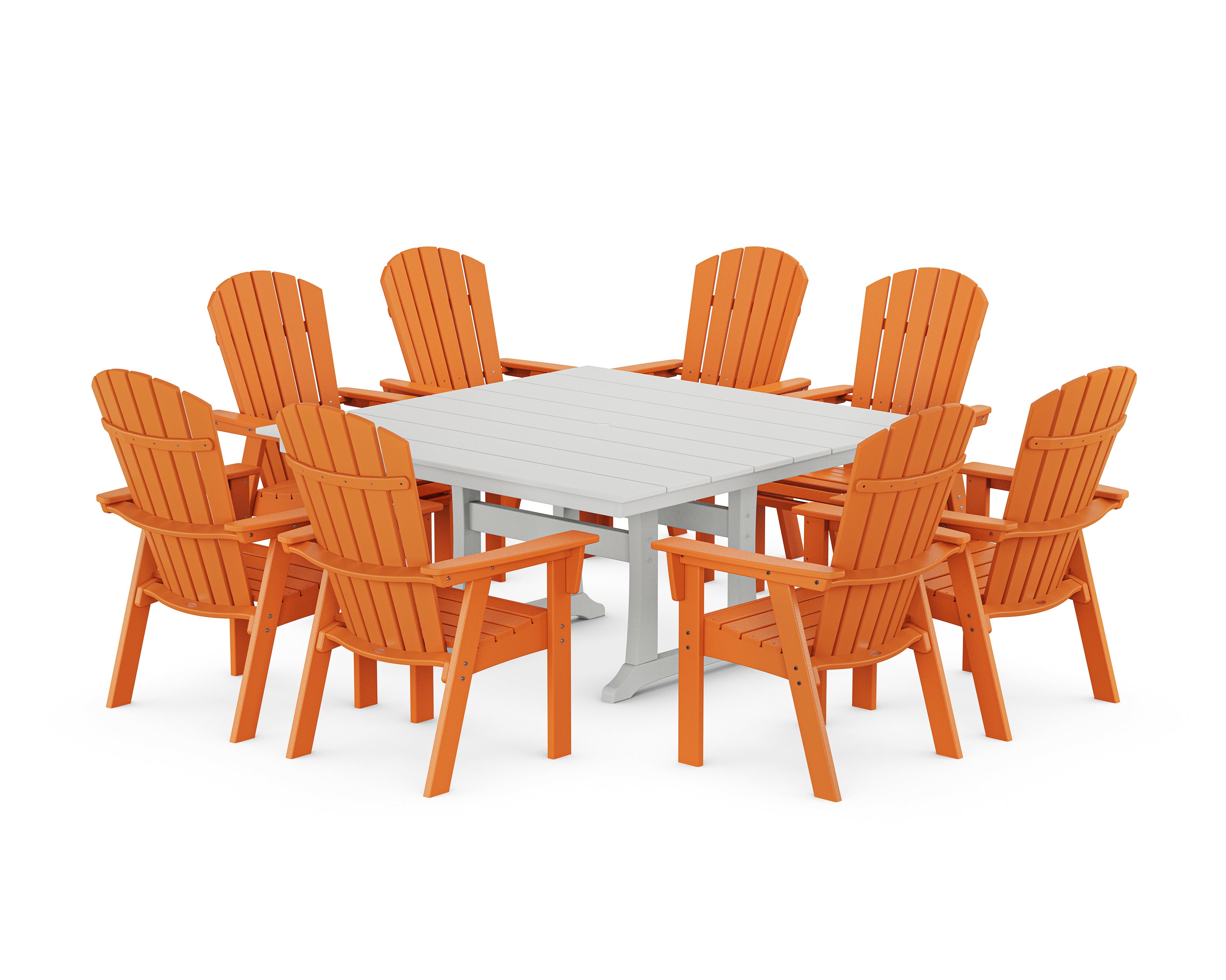POLYWOOD Nautical Curveback Adirondack 9-Piece Square Dining Set with Trestle Legs in Tangerine / White