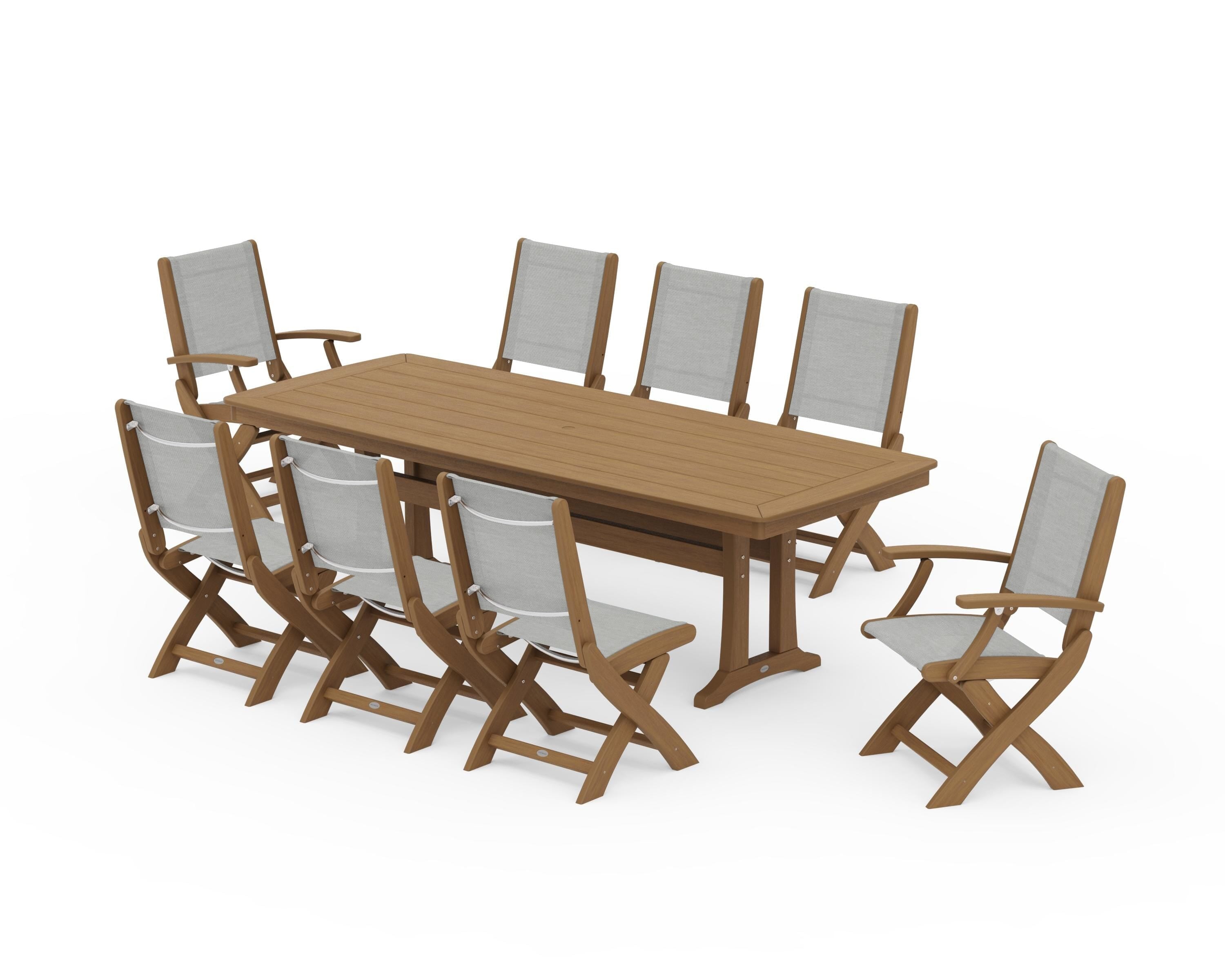 POLYWOOD Coastal Folding 9-Piece Dining Set with Trestle Legs in Natural / Metallic Sling