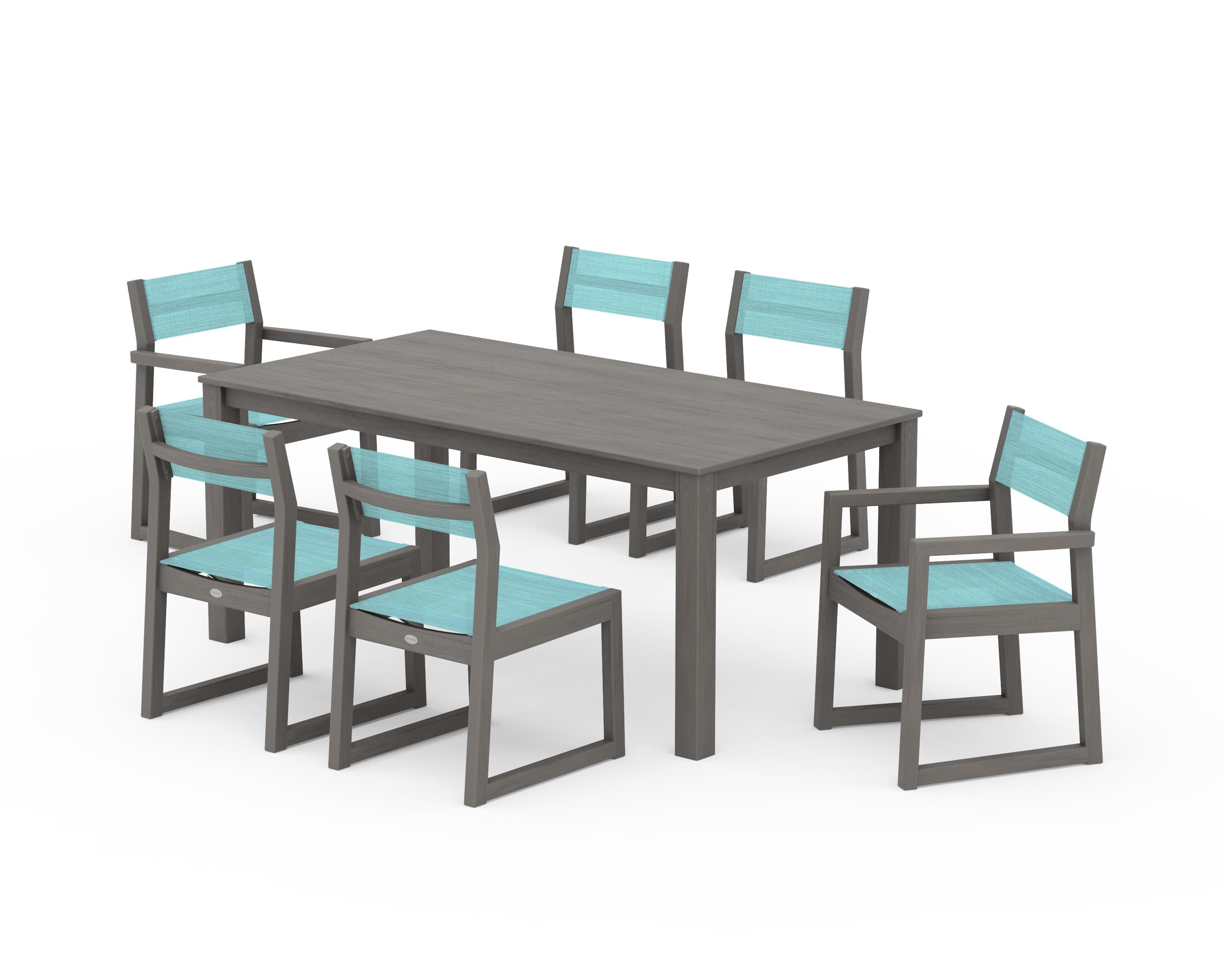 POLYWOOD EDGE Sling 7-Piece Parsons Dining Set in Driftwood / Dupioni Aquamarine Sling