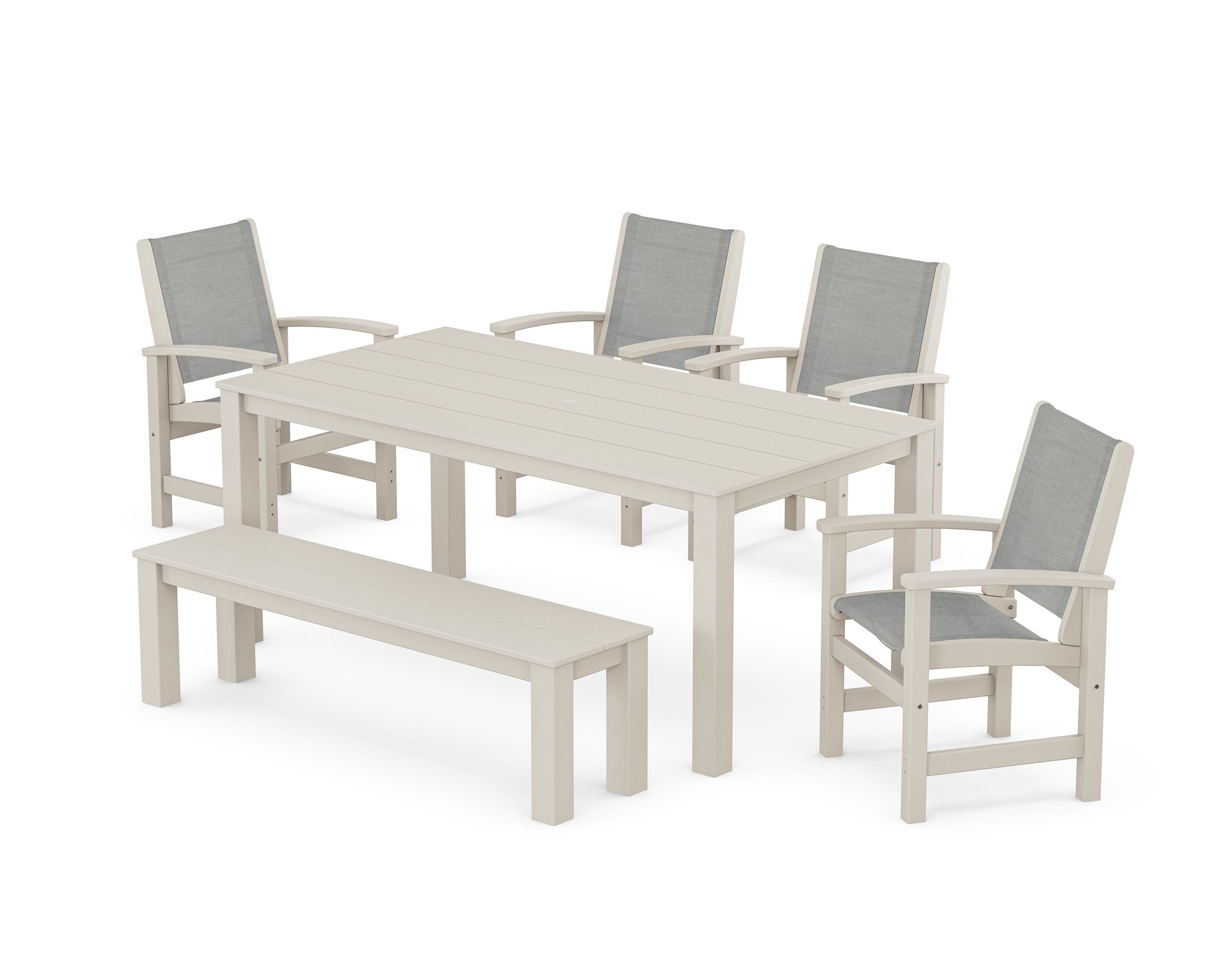 POLYWOOD Coastal 6-Piece Parsons Dining Set with Bench in Sand / Metallic Sling