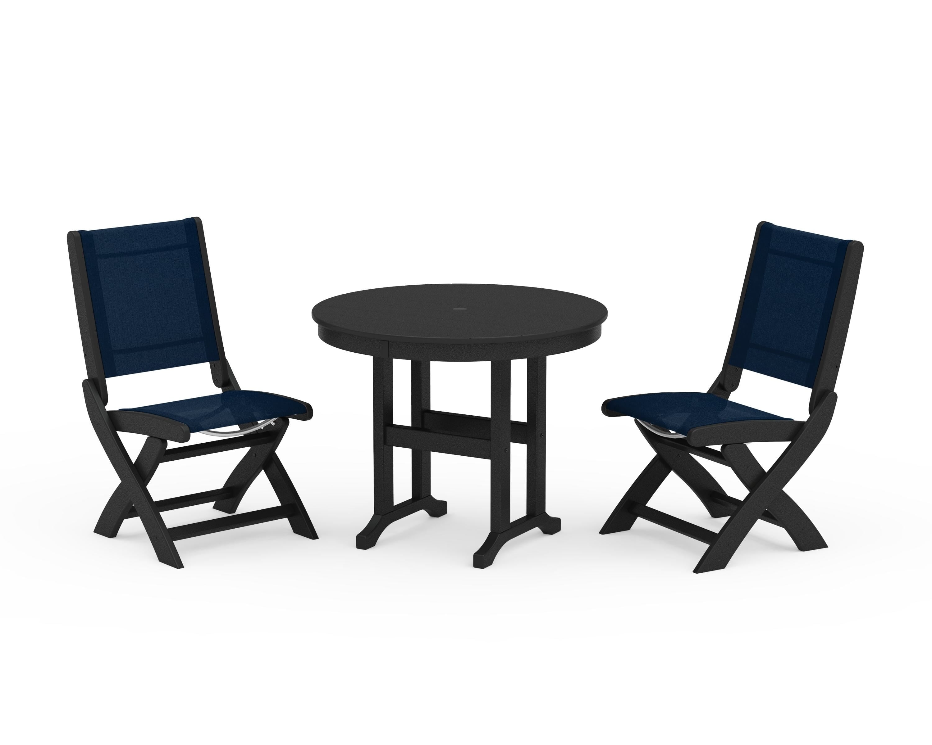 POLYWOOD Coastal Folding Side Chair 3-Piece Round Dining Set in Black / Navy Blue Sling
