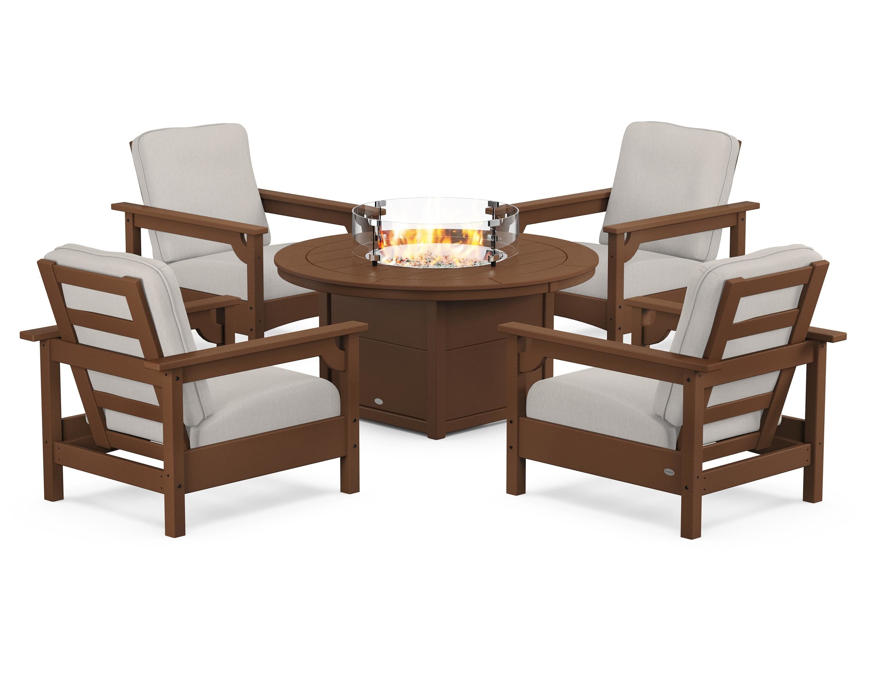POLYWOOD Club 5-Piece Conversation Set with Fire Pit Table in Teak / Cast Ash